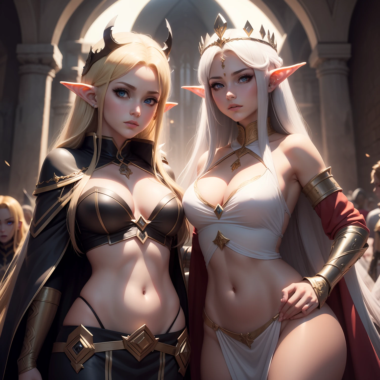 --1 elf girl --elf queen --Big --crown --elven beauty ,, --2 garotas demonio --guarda costas --maliciosas --sensuais,,Etalhes intrincados, perfect features, Dramatic, cinematographic lighting, Highlight lighting, SSAA, smooth rendering, no noise --testp --ar 2:3 --video --no lazy prompts