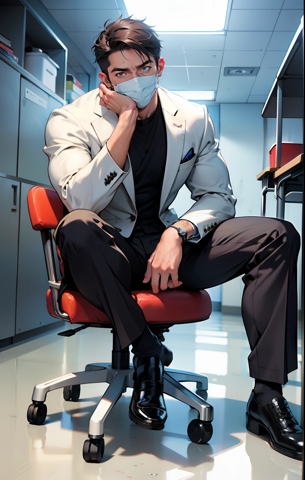 masterpiece, best quality, face, natural eyes, 1man, european, big feet, black socks, (no shoes), full body, (in suits), large bulge, long legs, looking at viewer, 30 years old, muscled and mature, short haircut, sitting on the teaching desk with legs streched, in the class room, blue eyes, flush, organism, face covered with white fluids, sweating, tight cloth, erecting