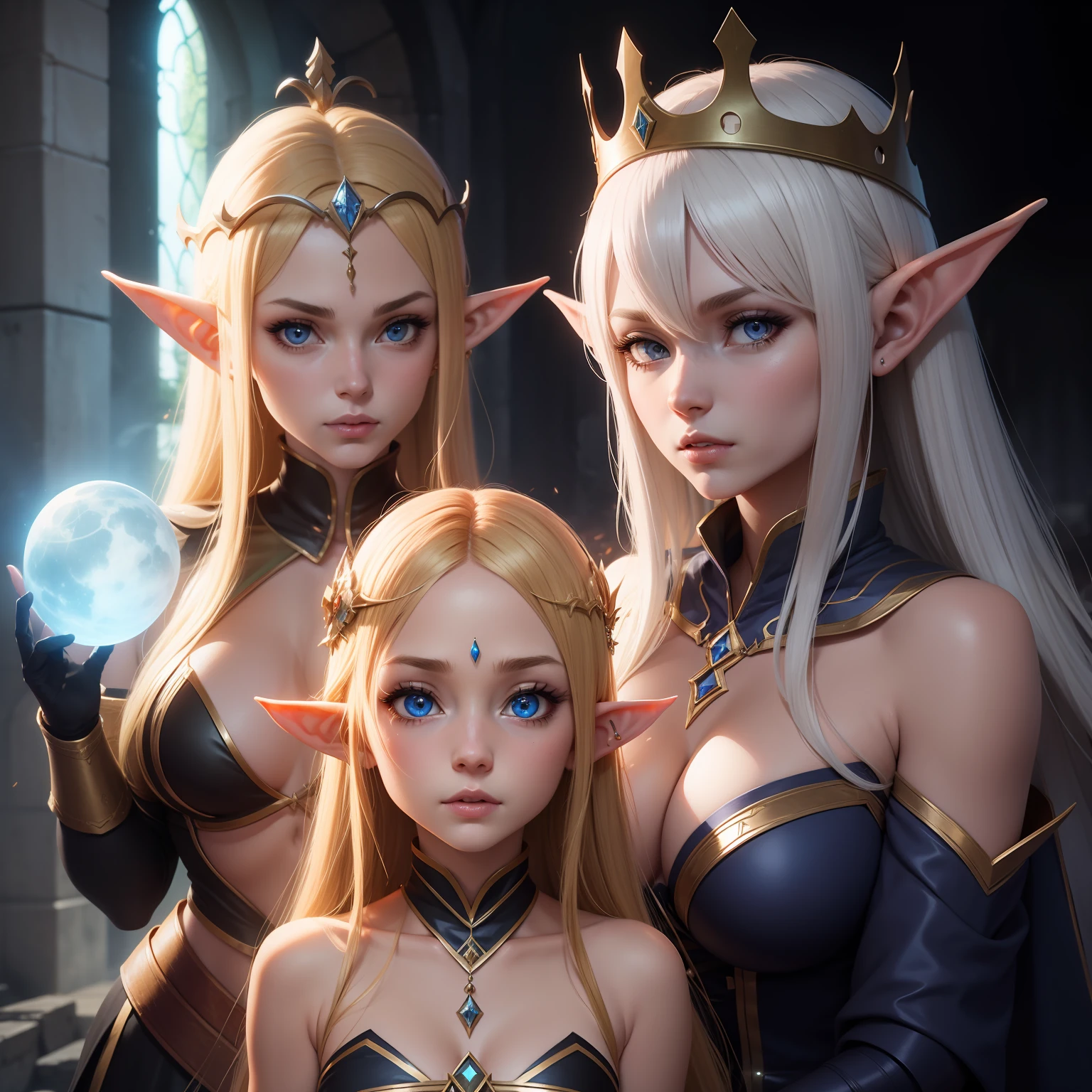 --1 elf girl --elf queen --Big --crown --elven beauty ,, --2 garotas demonio --guarda costas --maliciosas --sensuais,,Etalhes intrincados, perfect features, Dramatic, cinematographic lighting, Highlight lighting, SSAA, smooth rendering, no noise --testp --ar 2:3 --video --no lazy prompts