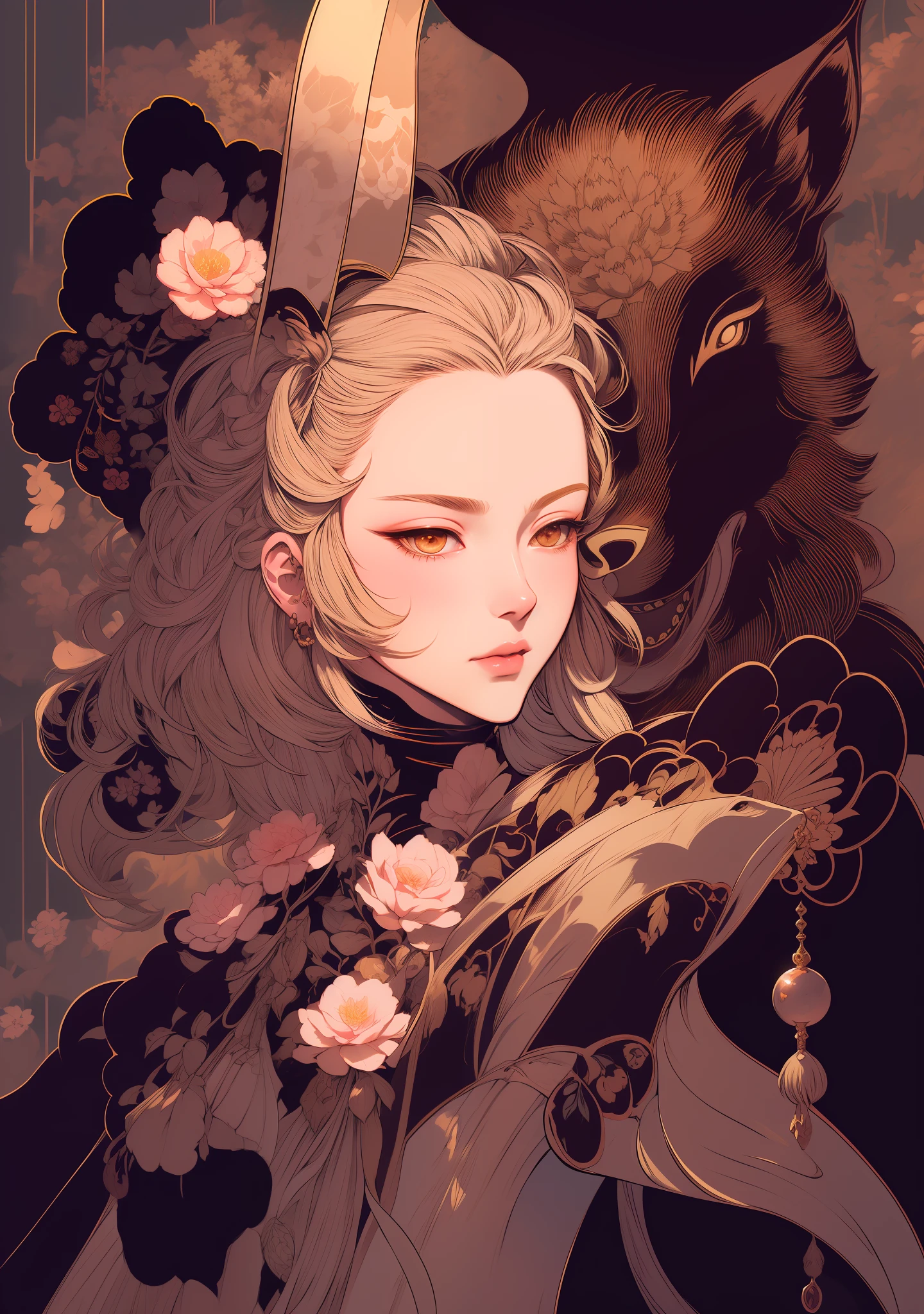 anime art of a woman and a wolf with a flower in her hair, inspired by amano, by amano, inspired by Yoshitaka Amano, by Ayami Kojima, bastien yoshitaka amano, boris valejo. octopath traveler, style of yoshitaka amano, by Yumihiko Amano,anime art nouveau, the non-binary deity of spring, loish |, dreamy psychedelic anime, a maid in a magical forest, dreamy illustration, soft anime illustration, inspired by Victor Mosquera, sh, in style of digital illustration, anime graphic illustration, inspired by Asaf Hanuka,masterpiece, best quality, (extremely detailed CG unity 8k wallpaper), (best quality), (best illustration), (best shadow), absurdres, realistic lighting, (Abyss), beautiful detailed glow