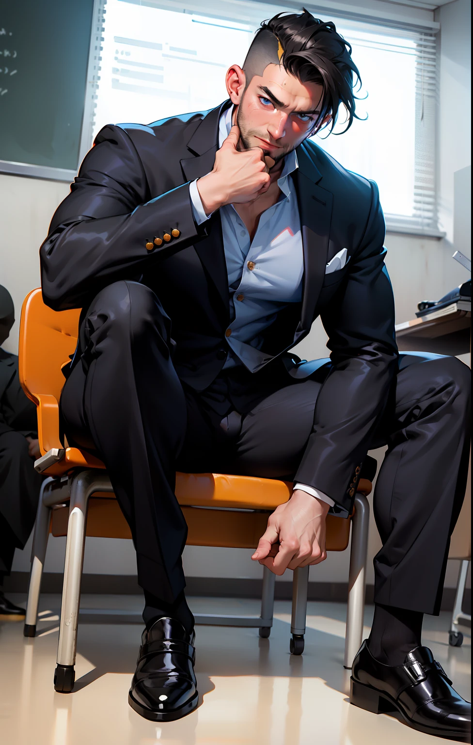 masterpiece, best quality, face, natural eyes, 1man, european, big feet, black socks, (no shoes), full body, (in suits), large bulge, long legs, looking at viewer, 30 years old, muscled and mature, short haircut, sitting on the teaching desk with legs streched, in the class room, blue eyes, flush, organism, face covered with white fluids, sweating, tight cloth, erecting