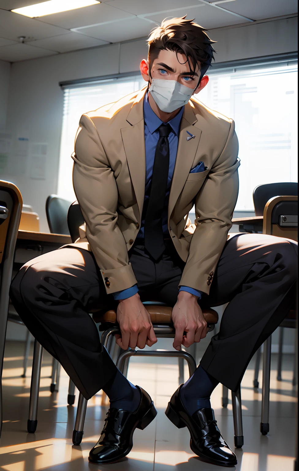 masterpiece, best quality, face, natural eyes, 1man, european, big feet, black socks, (no shoes), full body, (in suits), large bulge, long legs, looking at viewer, 30 years old, muscled and mature, short haircut, sitting on the teaching desk with legs streched, in the class room, blue eyes, flush, organism, face covered with white fluids, sweating, tight cloth, erecting