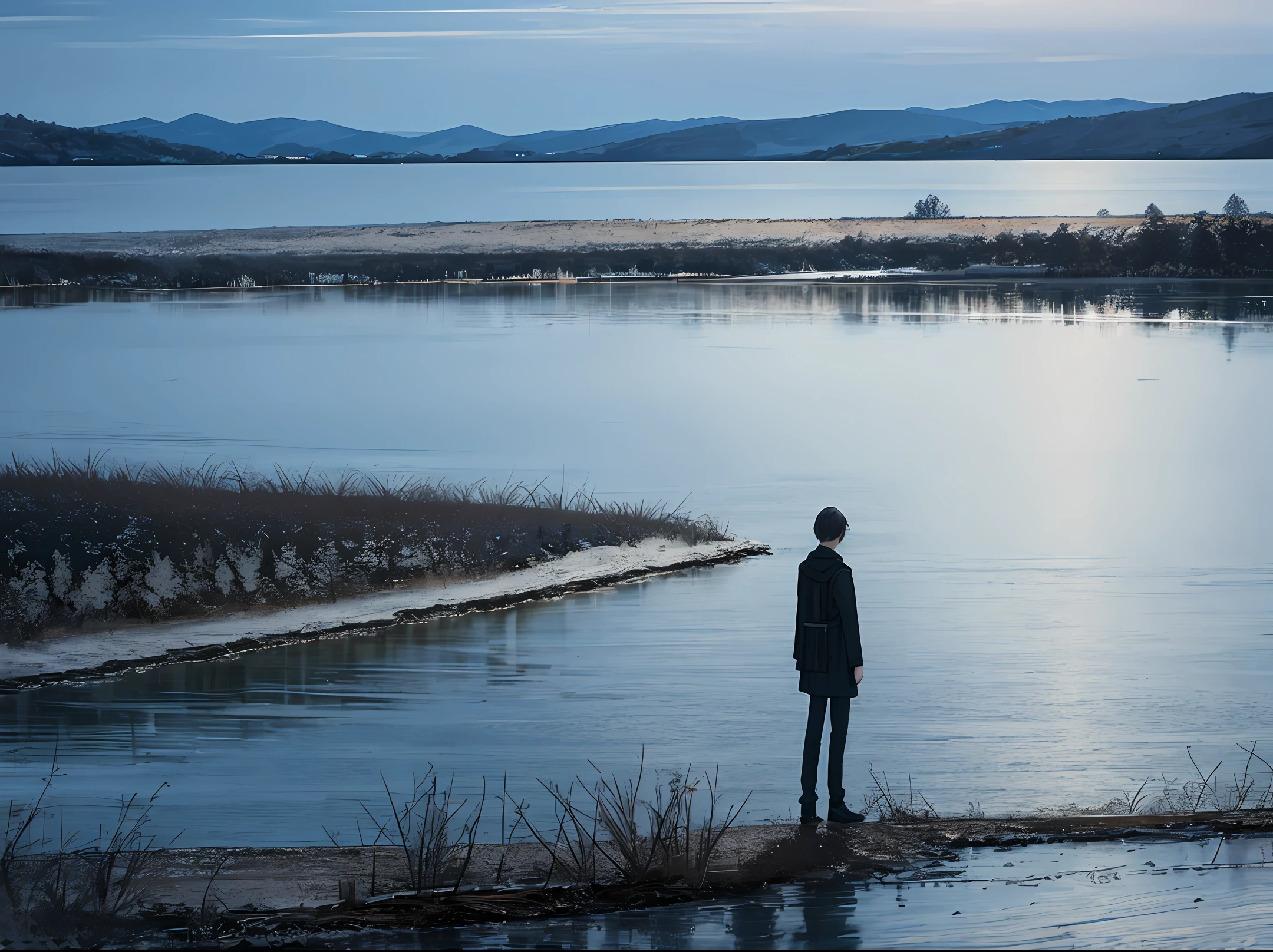 Dark night scenery，A lake，There are woods around the lake，There is moonshine，There is a figure by the lake