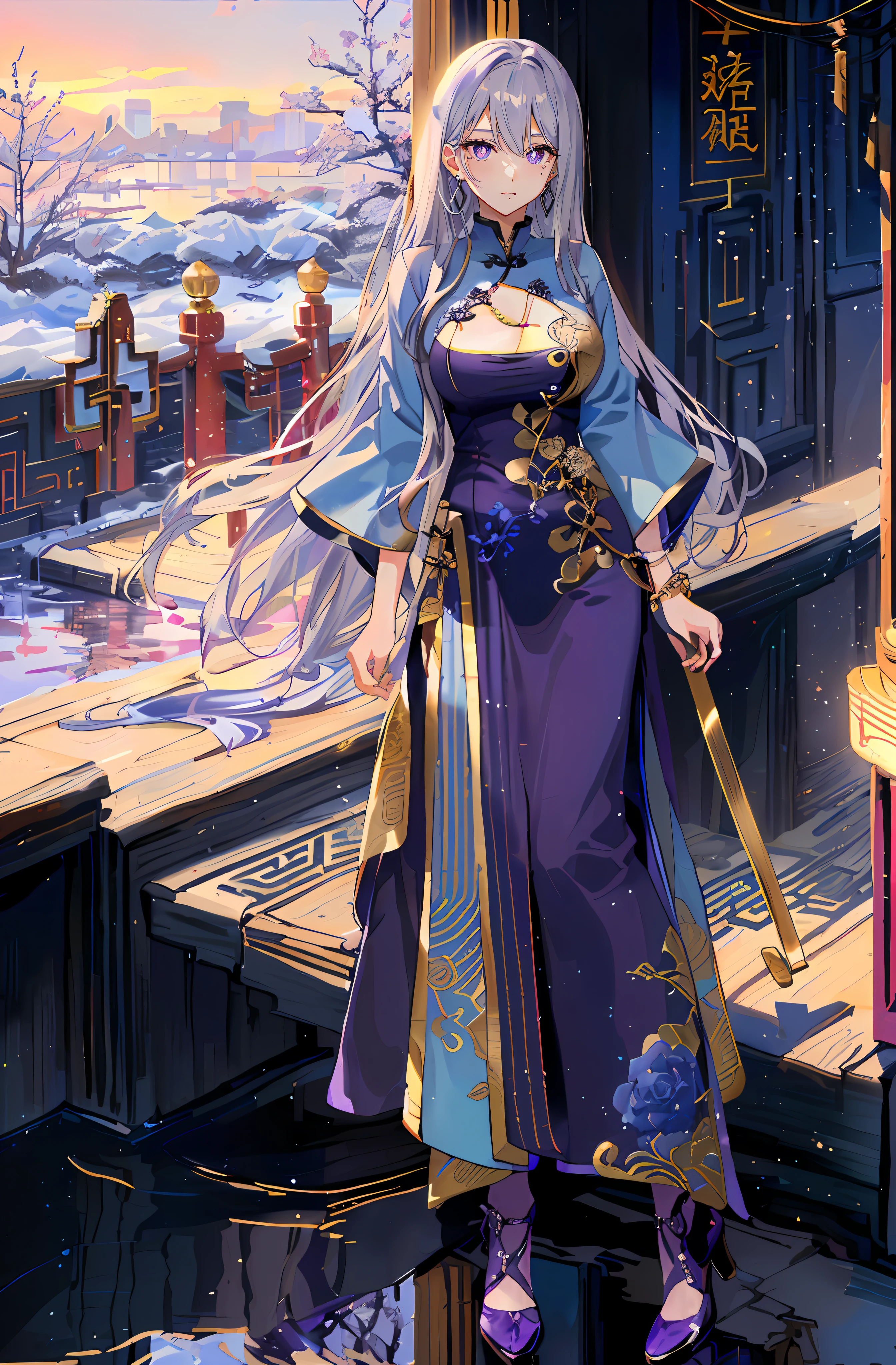 tear-mole,Purple pupils,long eyelasher,(mature:1.3),Silver crossed earrings,anime big breast,