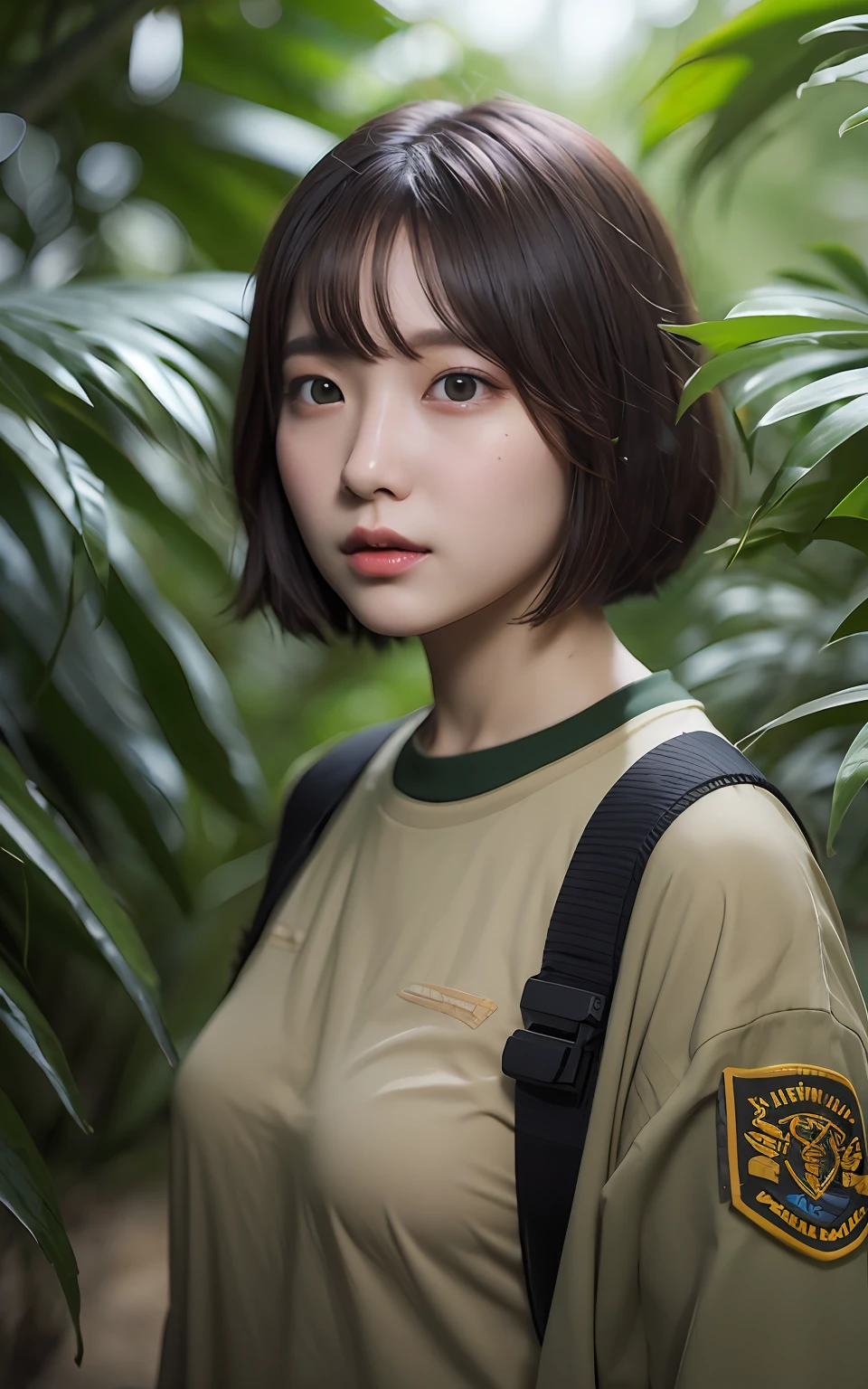 Highly detailed CG Unity 8k wallpaper, top quality, super detailed, masterpiece, realistic, photorealistic, highly detailed cute girl, (25 years old),
BREAK(tactical clothes, military clothes),(outdoors, jungle) blush, round eyes, medium breasts, viewer, 
, short hair