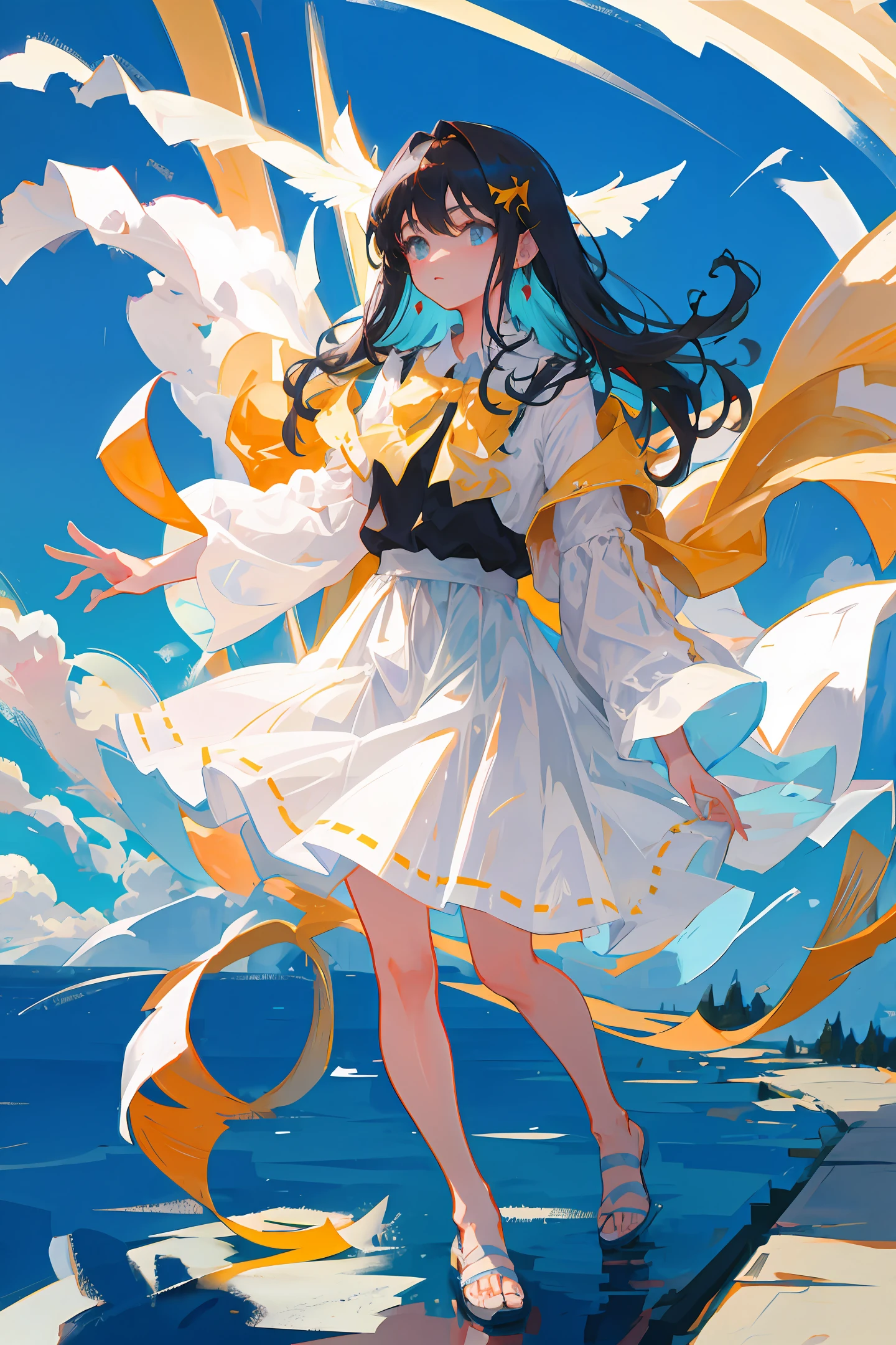 a white long skirt，Long-haired beauty in the sky