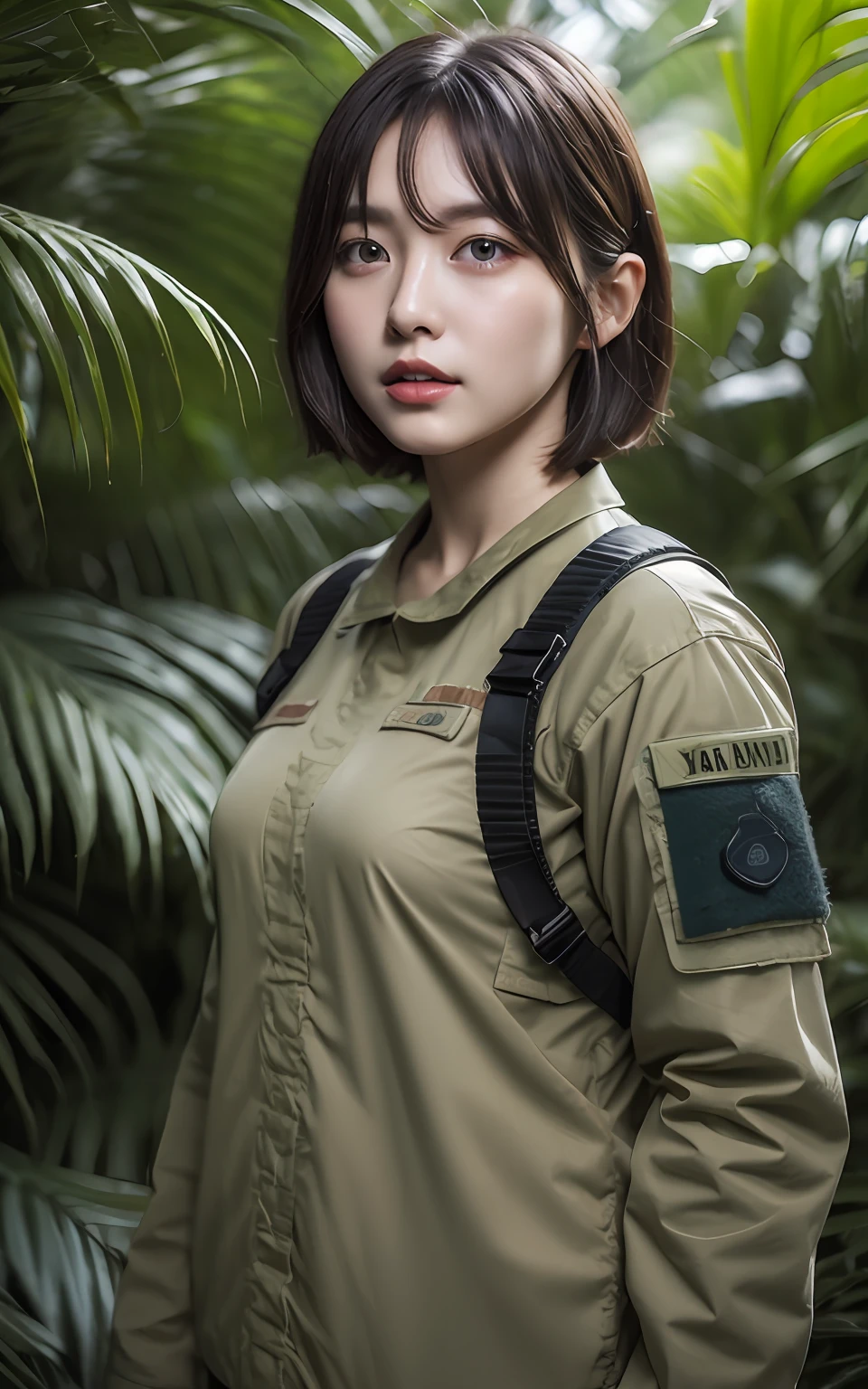 Highly detailed CG Unity 8k wallpaper, top quality, super detailed, masterpiece, realistic, photorealistic, highly detailed cute girl, (25 years old),(tactical clothes, military clothes),(outdoors, jungle) blush, round eyes, medium breasts, viewer,
, short hair