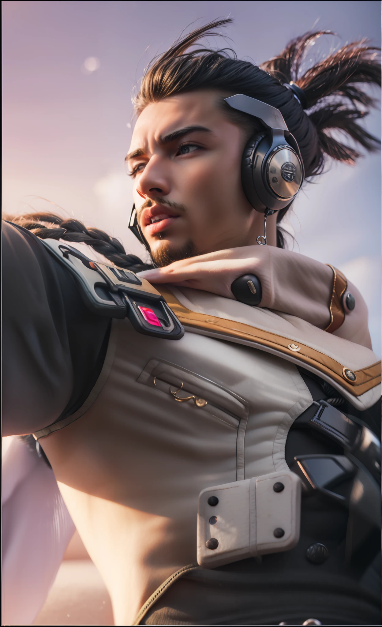 ((Best Quality, 4K, Masterpiece)), a close up of a person with a helmet on holding a gun, male lucio, lucio as a man, portrait of rung, echo from overwatch, baptiste from overwatch, sojourn from overwatch, sigma male, zenra taliyah, pharah, future miramar, Dreadlocks hairstyle, Dreadlocks, Dread, curly hair, curly, ponytails, braid hair, braid, african man, 4K, HD, Ultra Realistic, extremely detailed