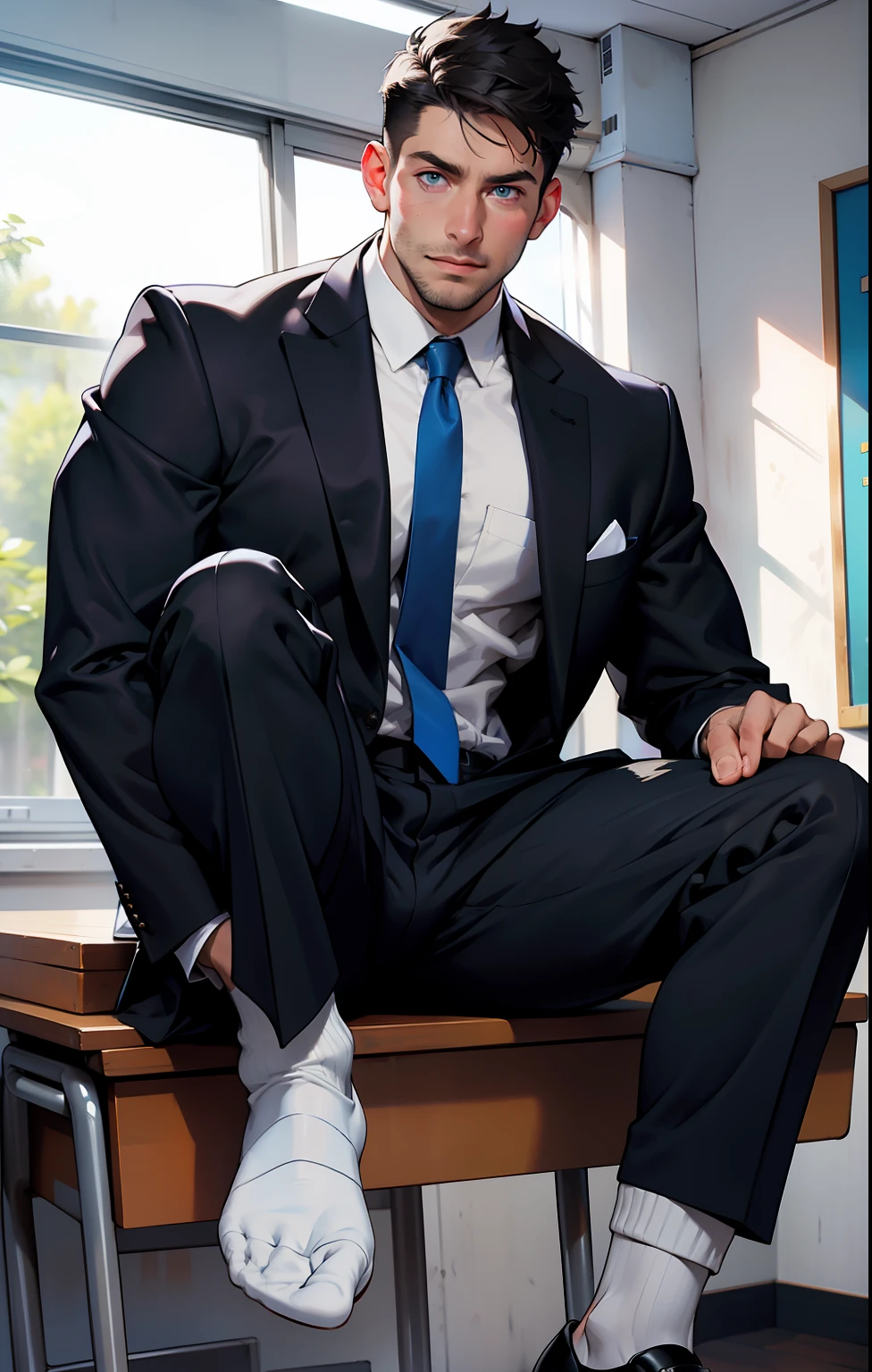 masterpiece, best quality, face, natural eyes, 1man, european, big feet, black socks, (no shoes), full body, (in suits), large bulge, long legs, looking at viewer, 30 years old, muscled and mature, short haircut, sitting on the teaching desk with legs streched, in the class room, blue eyes, flush, organism, face covered with white fluids, sweating, tight cloth, erecting