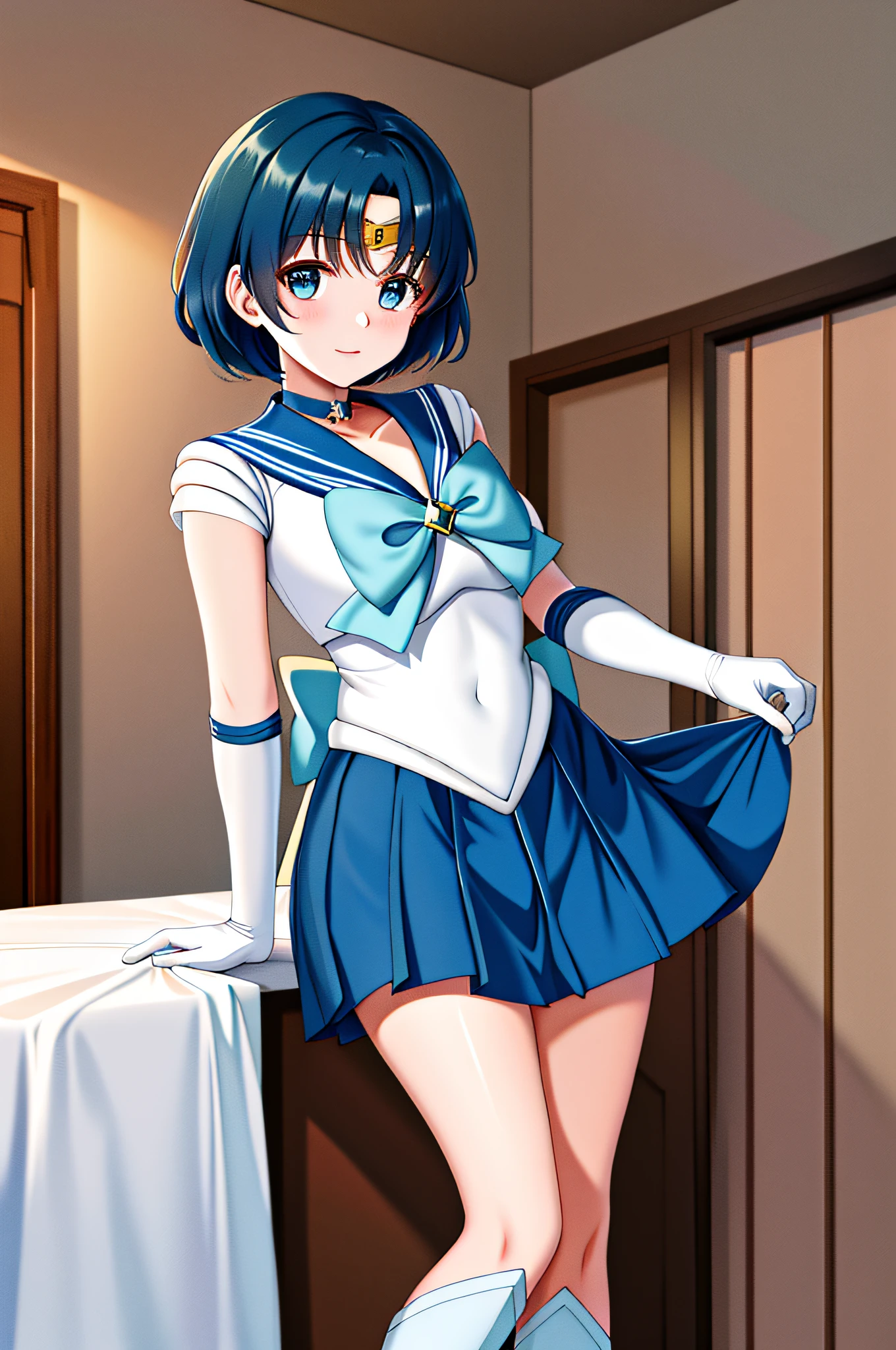 masterpiece, top-quality, hight resolution, Mer1, tiarra, Sailor Senshi Uniform, a blue skirt, Blue sailor color, tiarra, the bow, knee boots, a choker, white glove, Blue choker, elbowgloves, jewely, 耳Nipple Ring, pleatedskirt, natta, inside in room, cowboy shot,Detailed hands and5This refers to、The wind is blowing and I can see my pants.