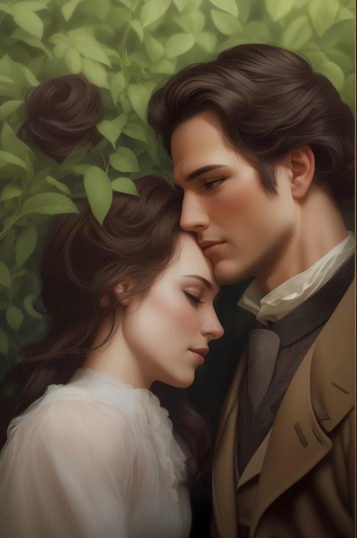 Masterpiece, best quality, RAW, analog style, A stunning portrait of a couple deeply in love in the gardens of a grand English countryside mansion in the year 1850. The man is tall, strong, and tanned handsome with brown wavy messy hair, brown eyes, and is around 30 years old. The woman is delicate with black straight hair styled in a bun, dark green eyes, and full lips, around 19 years old, scarlett ohara perfectly detailed facial traits. The man is kissing the lady on the forehead in a sunny garden. Create a masterpiece realistic illustration with intricate details capturing their love and tenderness. Use clothes appropriate for the time period, and ensure the artwork is highly detailed. Please pay close attention to the details, such as the highlights and shadows on face and hair, to create a lifelike and realistic image. Experiment with different lighting techniques to enhance the mood and atmosphere of the portrait. The final product should be a masterpiece that captures the essence and beauty of the couple, ((highly detailed skin, skin details)), sharp focus, volumetric fog, 8k UHD, DSLR, high quality, film grain, Fujifilm XT3