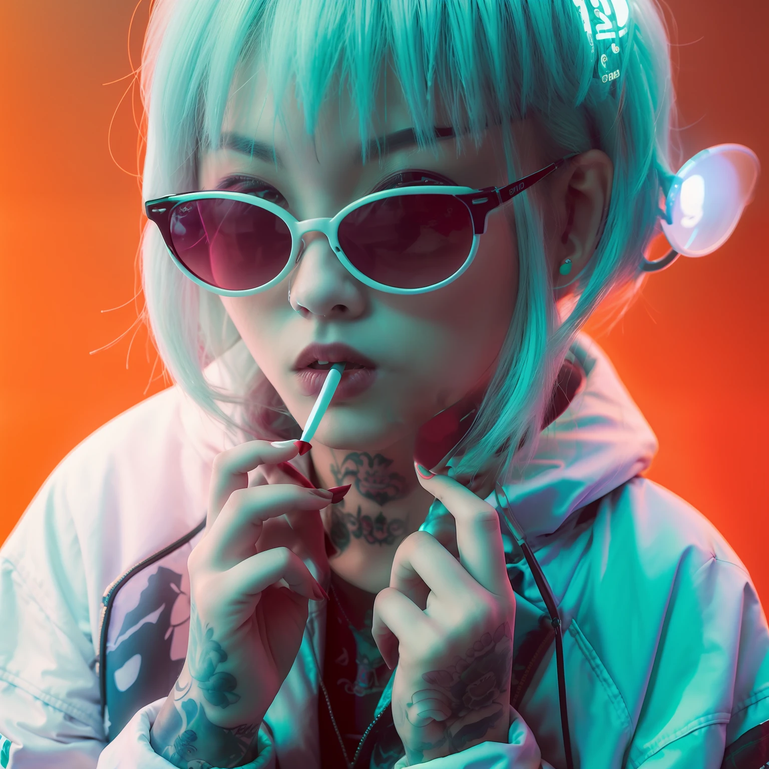 DSLR photo, cool Korean woman with tattoos smoking a cigarette wearing a jacket, white hair, sunglasses, NeonNoir, neon, soft lighting, realistic, red lighting, green lighting, hard shadow, masterpiece, best quality, Intricate, High Detail, 8k, modelshoot style, film grain,