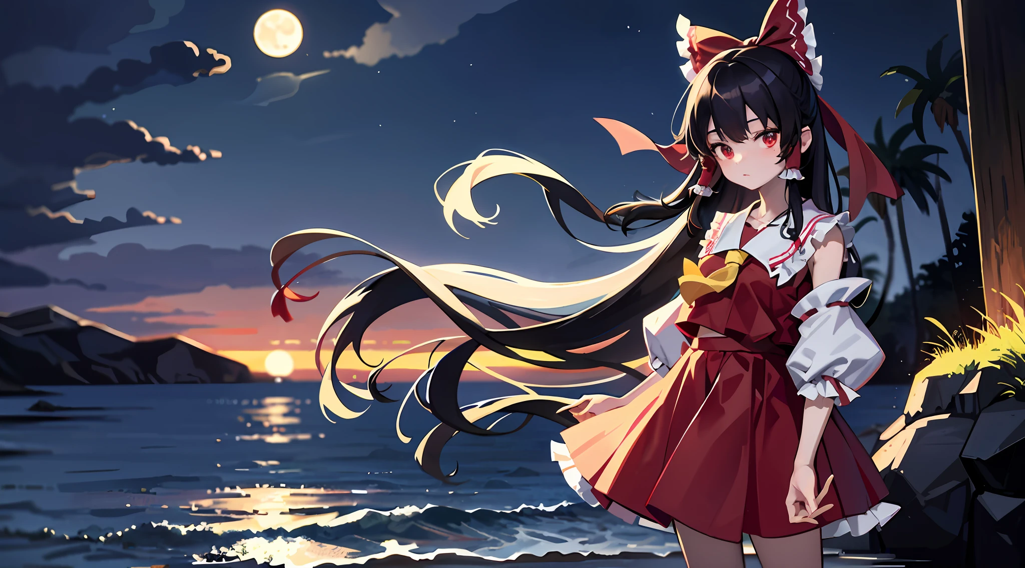 {{hakurei_reimu}},solo,masterpiece,illustration,black hair,[loafers],moon,seaside,1girl,standing