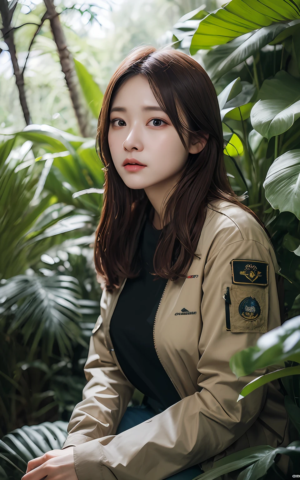Highly detailed CG Unity 8k wallpaper, top quality, super detailed, masterpiece, realistic, photorealistic, highly detailed cute girl, (25 years old),
BREAK(tactical clothes, military clothes),(outdoors, jungle) , sitting ,blush, round eyes, medium breasts, viewer,