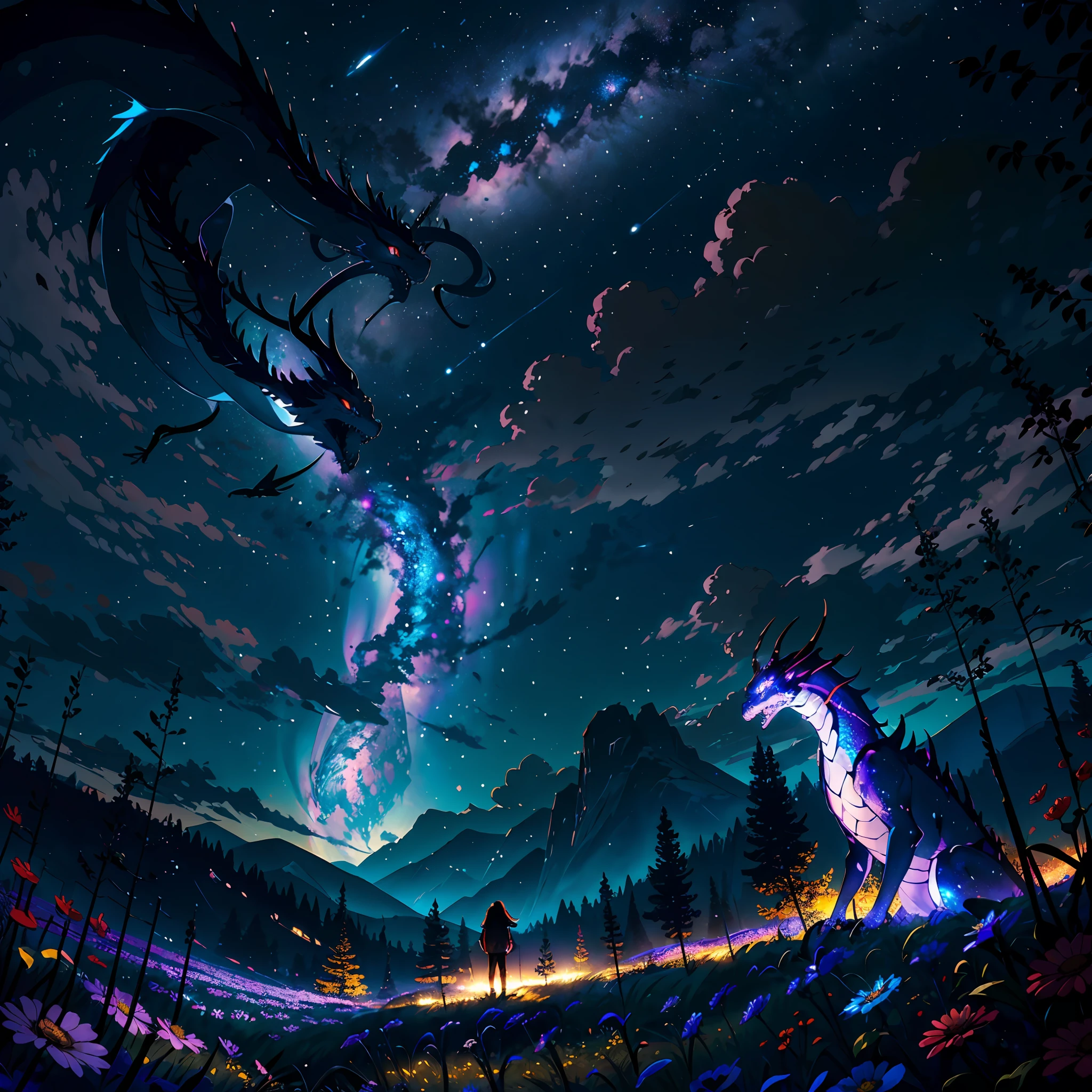 Vast landscape photos、（View from below with a view of the sky and the wilderness below）、Girl standing in a flower field and looking up、（fullmoon：1.2）、（shooting stars：0.9）、（nebulas：1.3）、mountain in the distance、Tree Break Production Art、(Warm color light source:1.2)、(fireflys:1.2)、abajour、Purple and orange、intricate detailes、Volume Lighting BREAK (​masterpiece:1.2)、(top-quality)、4K、ultra-detailliert、（The composition of the movement：1.4）、Highly detailed and colorful details（Irridescent color：1.2）、（Glowing lighting、Atmospheric illumination）、dream-like、Magical、（独奏：1.2）、Milky Way like a dragon