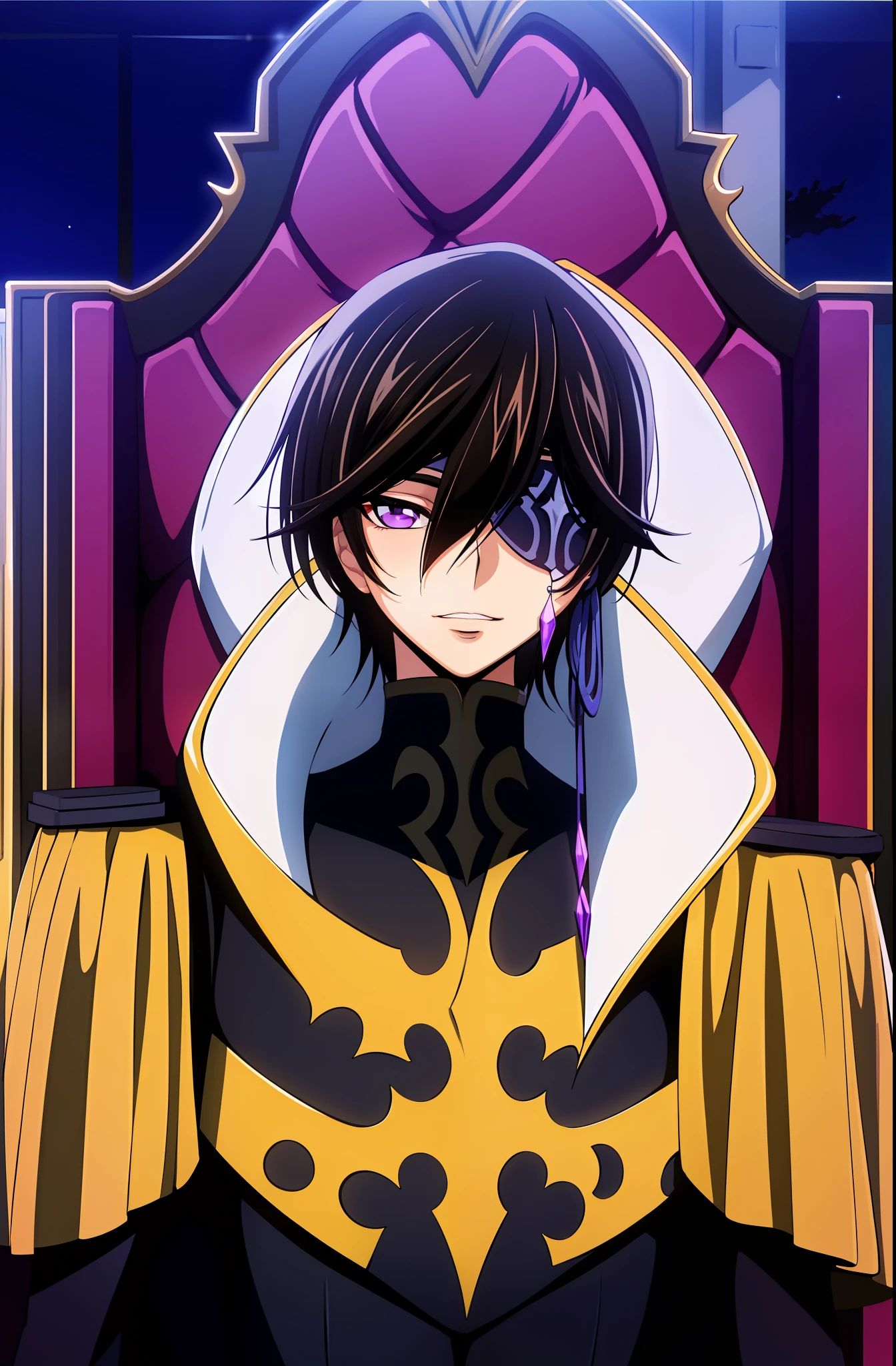 (Night:1.7), Castle,
sitting at attention,sitting on throne,(Close-Up),
yellow and black outfit ,holding_staff,black coat,
lelouch_lamperouge,
black_hair,purple_eyes,
1 man, 20yo,male,Beautiful FingerBeautiful body,Beautiful Nose,Beautiful character design, perfect eyes, perfect face,
looking at viewer,
NSFW,official art,extremely detailed CG unity 8k wallpaper, perfect lighting,Colorful, Bright_Front_face_Lighting,
(masterpiece:1.0),(best_quality:1.0), ultra high res,4K,ultra-detailed,
photography, 8K, HDR, highres, absurdres:1.2, Kodak portra 400, film grain, blurry background, bokeh:1.2, lens flare, (vibrant_color:1.2)