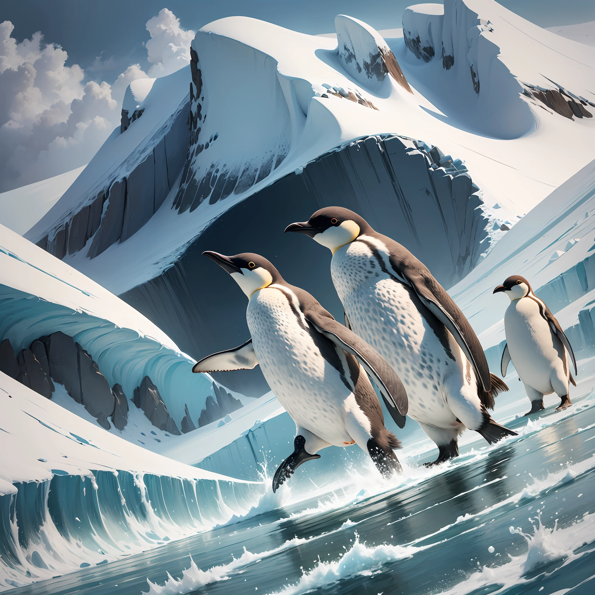 (epic, dynamic angle)top quality, best quality, High-quality illustrations by Christian Lassen masterpiece, Antarctic penguins, March happily, On a vivid sea background, Cheerful and cheerful atmosphere, Adorable look,Brilliant movement, Energetic birds, Happy moments, Illustrations like picture books, Wide color palette, Bright sunshine, Clear blue sky,