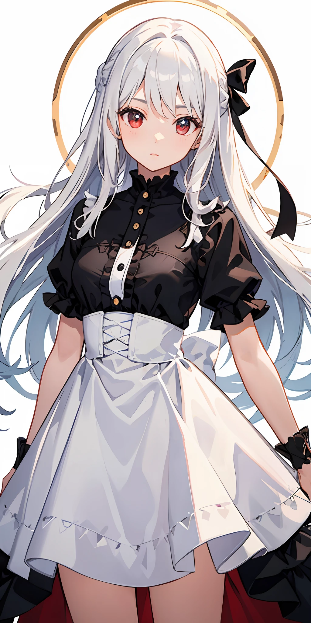 ​masterpiece、top-quality、1girl in、long white hair、red eyes、Black clothe、Circle of Angels、bow ribbon、shortsleeves、black backgrounds、cowboy  shot、