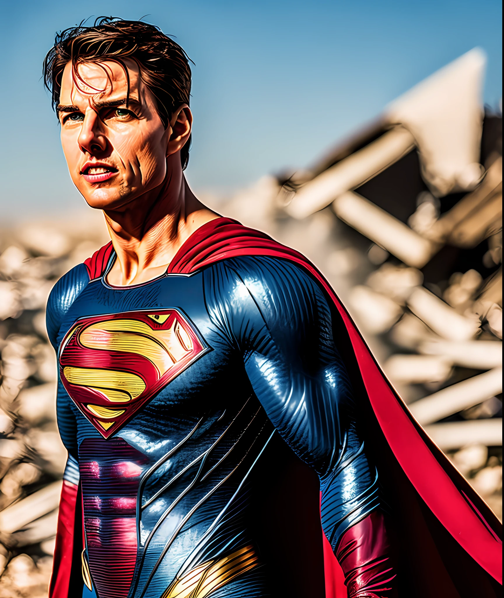 Photo of Tom Cruise is superman , superhero, upper body,cinematic, movie, grain movie (2023s)1boy, building destroyed , realistic , (8k, RAW photo, best quality, masterpiece:1.2), (realistic, photo-realistic:1.33), best quality, detailed eyes blue, cute,natural lighting, depth of field, film grain, wrinkled skin, sharp