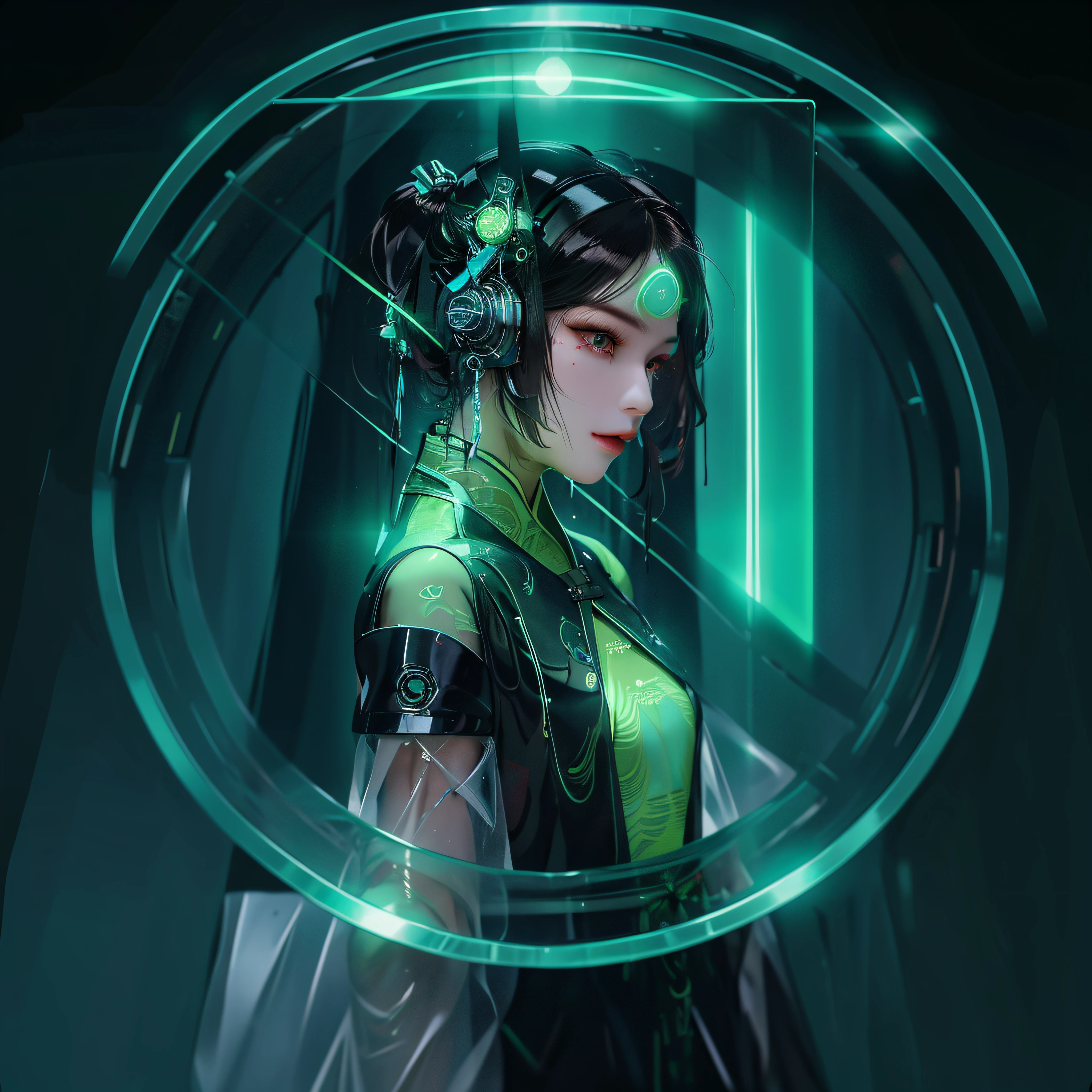 1 rapariga, Chinese_clothes, Liquid green titanium and black, Cyberhanfu, on cheongsam, Cyberpunk-city, dynamicposes, Details illuminated headphones, luminous hair ornaments, long whitr hair, Luminous earrings,Glowing necklace,cyber punk perssonage, a high-tech city, full of machinery and futuristic element, afofuturism, technologies,luminous neon lights,green color,Green light,Translucent black tulle,black ribbon,laser,Digital background city sky,large moon,There are vehicles,Best quality at best,tmasterpiece,8K,Character edge light,hyper-high detail,high qulity,The most beautiful woman in man,Slight smile,The face is symmetrical to the left and right facing the front,Ear decoration,beautiful pupil,Light effects,visual data,Dark black hair,Ultra-detailed facial texture,Black gloves in glossy leather,elevation shooting