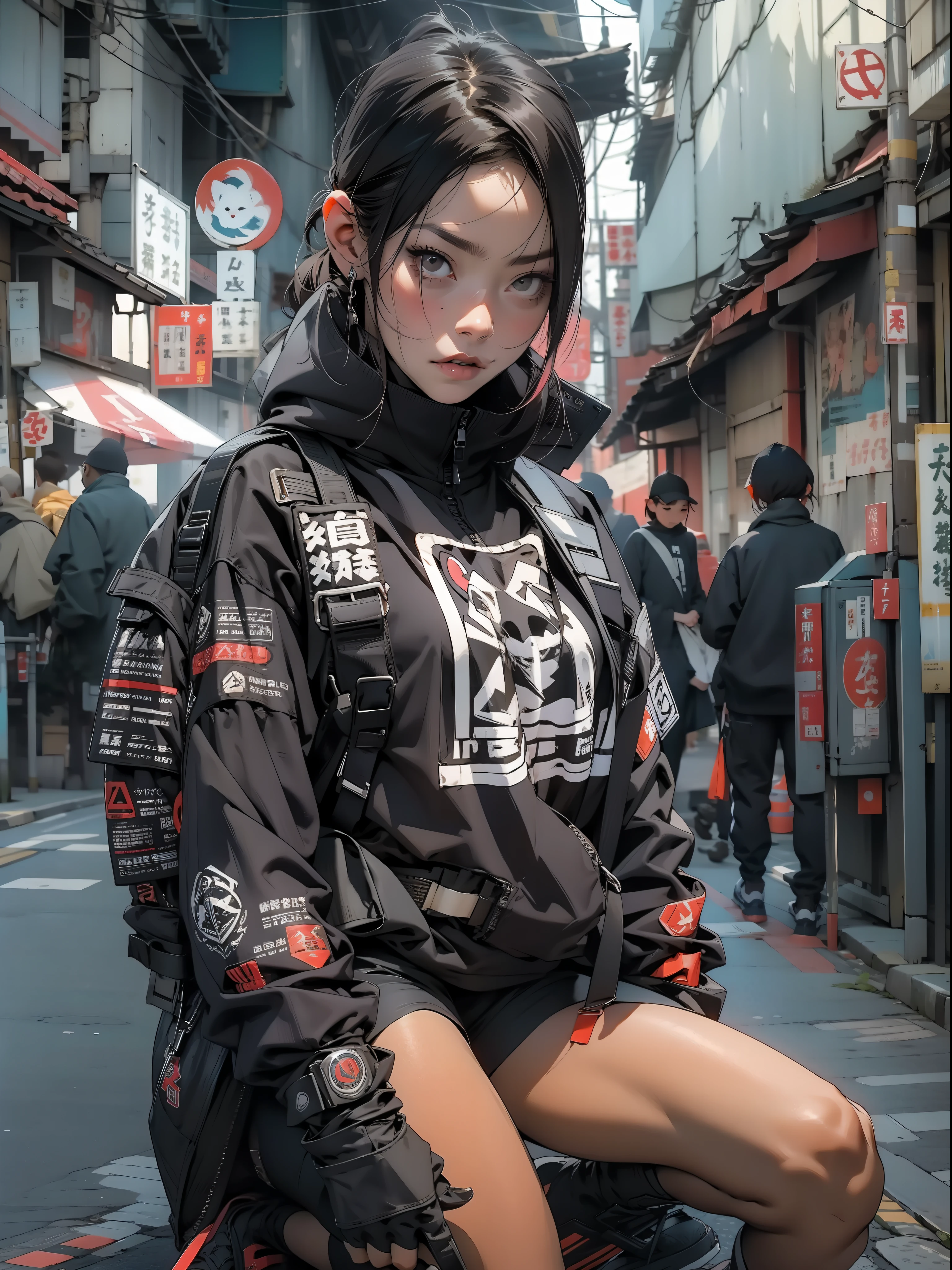 melhor qualidade, obra prima, Uma garota ultra moderna, wearing urban samurai clothes in squatting on a street in a futuristic Tokyo. Ela usa um katakana nas costas, Your faithful dog is by your side;. Pose sexy, corpo perfeito, perfectly proportions