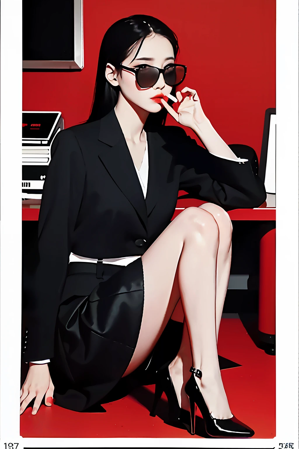 Polaroid black tone low key film, masterpiece, best quality, office lady, heels, sunglasses, smoking a cigarette, red background,