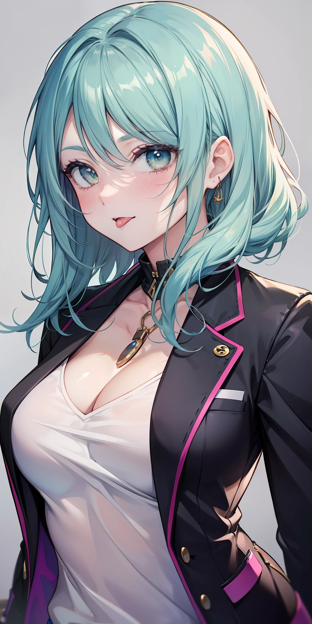 (best quality)), ((master part)), (robusto), Estilo anime, melhor qualidade 1girl, retrato, Ultra Detalhado, cara bonita, anatomia perfeita, sozinho, pale skin, cabelo verde rosa, cabelo perfeito, franja, ((olhos fechados)), Tongue out, Tongue out, (😝), Camisa, suit jacket, jeans, Arms, Hands on boobs, pernas grossas, coxa grande, possession, fundo azul, Fortnite,
information