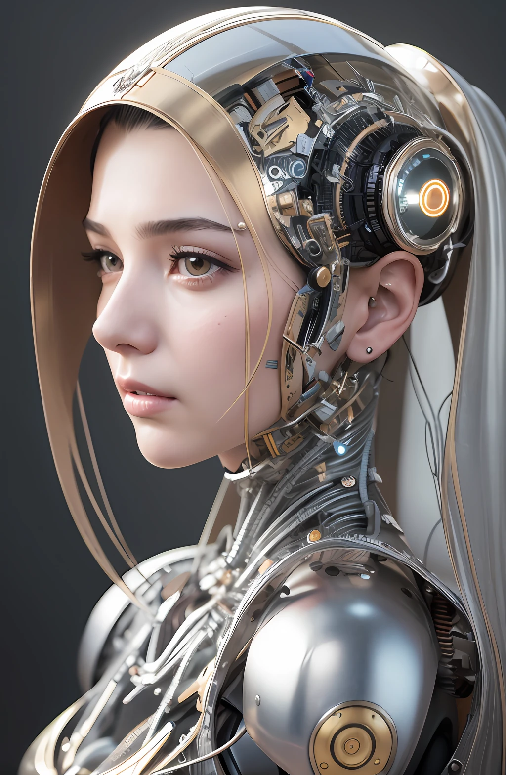complex 3d render ultra detailed of a beautiful porcelain profile woman android face, cyborg, robotic parts, 150 mm, beautiful studio soft light, rim light, vibrant details, luxurious cyberpunk, lace, hyperrealistic, anatomical, facial muscles, cable electric wires, microchip, elegant, beautiful background, octane render, H. R. Giger style, 8k, best quality, masterpiece, illustration, an extremely delicate and beautiful, extremely detailed ,CG ,unity ,wallpaper, (realistic, photo-realistic:1.37),Amazing, finely detail, masterpiece,best quality,official art, extremely detailed CG unity 8k wallpaper, absurdres, incredibly absurdres, robot, silver halmet, full body --auto --s2