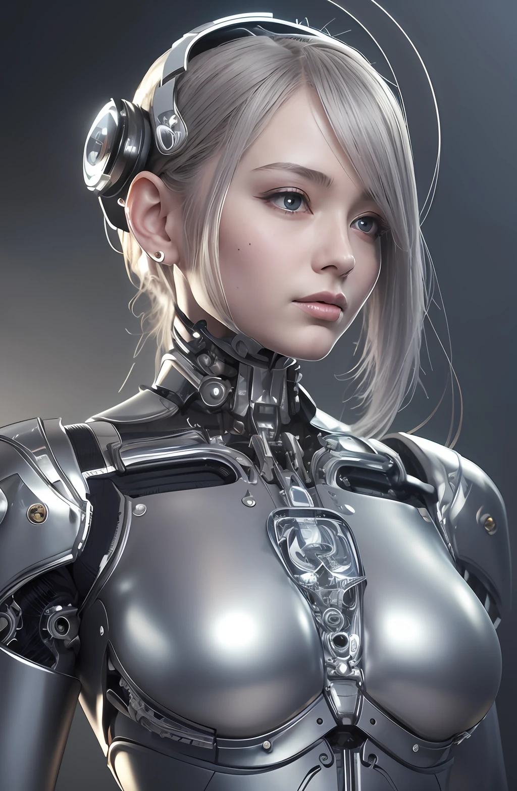 complex 3d render ultra detailed of a beautiful porcelain profile woman android face, cyborg, robotic parts, 150 mm, beautiful studio soft light, rim light, vibrant details, luxurious cyberpunk, lace, hyperrealistic, anatomical, facial muscles, cable electric wires, microchip, elegant, beautiful background, octane render, H. R. Giger style, 8k, best quality, masterpiece, illustration, an extremely delicate and beautiful, extremely detailed ,CG ,unity ,wallpaper, (realistic, photo-realistic:1.37),Amazing, finely detail, masterpiece,best quality,official art, extremely detailed CG unity 8k wallpaper, absurdres, incredibly absurdres, robot, silver halmet, full body --auto --s2