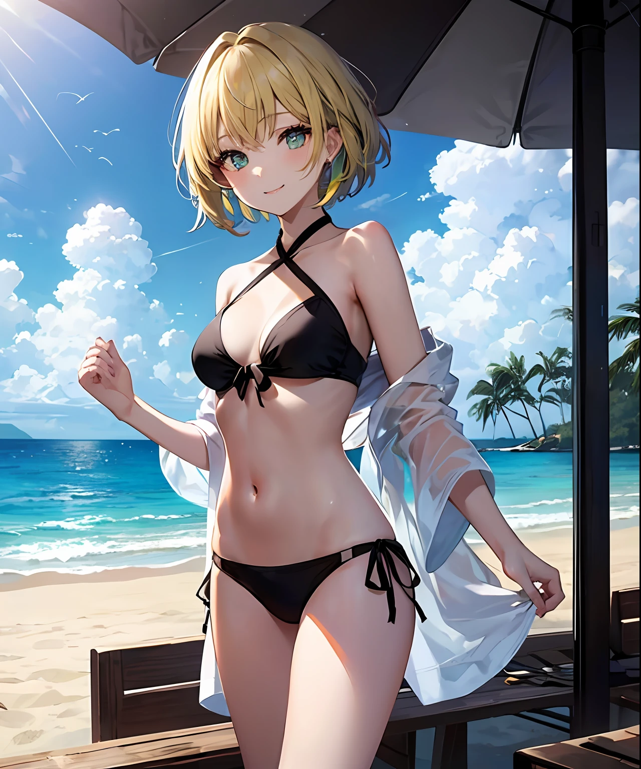 (masterpiece、of the highest quality)、独奏、1girl in、a 1 girl、Shortcut Hair、Yellow hair、Light blue inner color hair、Light green eyes、is standing、A smile、the beach、The bikini