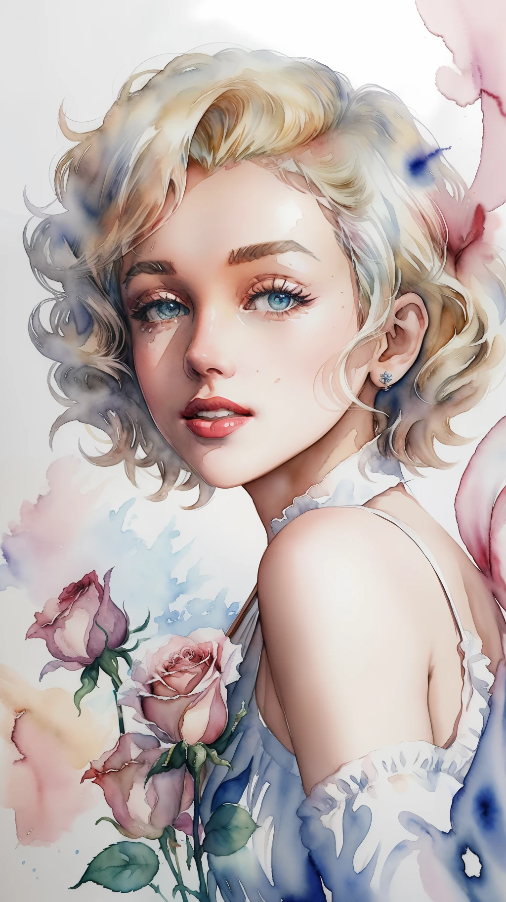 close up photo of Marilyn Monroe, watrcolor style, (rose) digital art, official art, blown by the wind, masterpiece, beautiful, ((watercolor)), paint splatter, intricate detail. Great detail, [dripping:0.7], Trending on Artstation, Rachel Walker