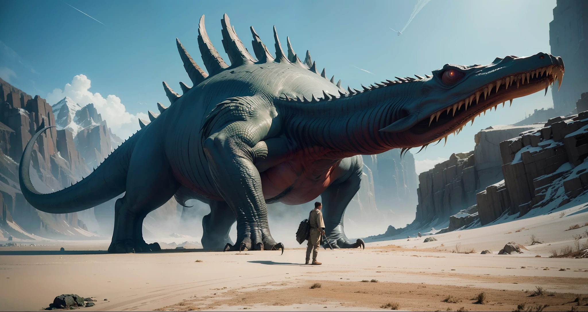 a highly detailed matte painting of a man on a hill watching a giant alien monster, by makoto shinkai, by artgerm, by wlop, by greg rutkowski, volumetric lighting, octane render, 4k resolution, trending on artstation, masterpiece
