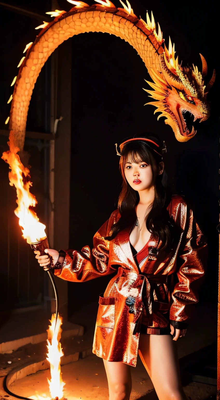 Dictator setting fire with flamethrower, tattoo of a large dragon, tattoo all over body, American football headgear, gas mask, pin heels, lace robe, rooftop, huge background is a neon sign