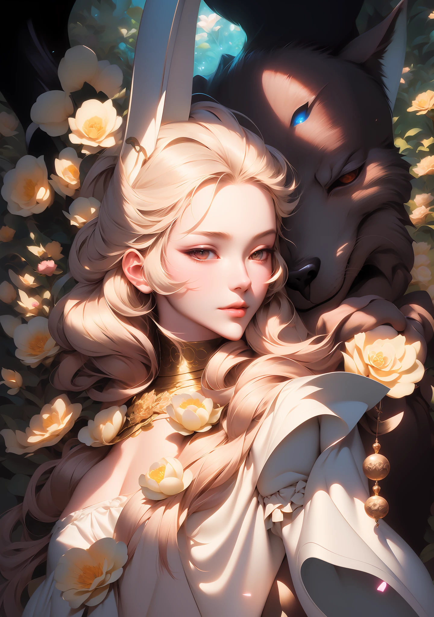 anime art of a woman and a wolf with a flower in her hair, inspired by amano, by amano, inspired by Yoshitaka Amano, by Ayami Kojima, bastien yoshitaka amano, boris valejo. octopath traveler, style of yoshitaka amano, by Yumihiko Amano,anime art nouveau, the non-binary deity of spring, loish |, dreamy psychedelic anime, a maid in a magical forest, dreamy illustration, soft anime illustration, inspired by Victor Mosquera, lolish, in style of digital illustration, anime graphic illustration, inspired by Asaf Hanuka,masterpiece, best quality, (extremely detailed CG unity 8k wallpaper), (best quality), (best illustration), (best shadow), absurdres, realistic lighting, (Abyss), beautiful detailed glow
