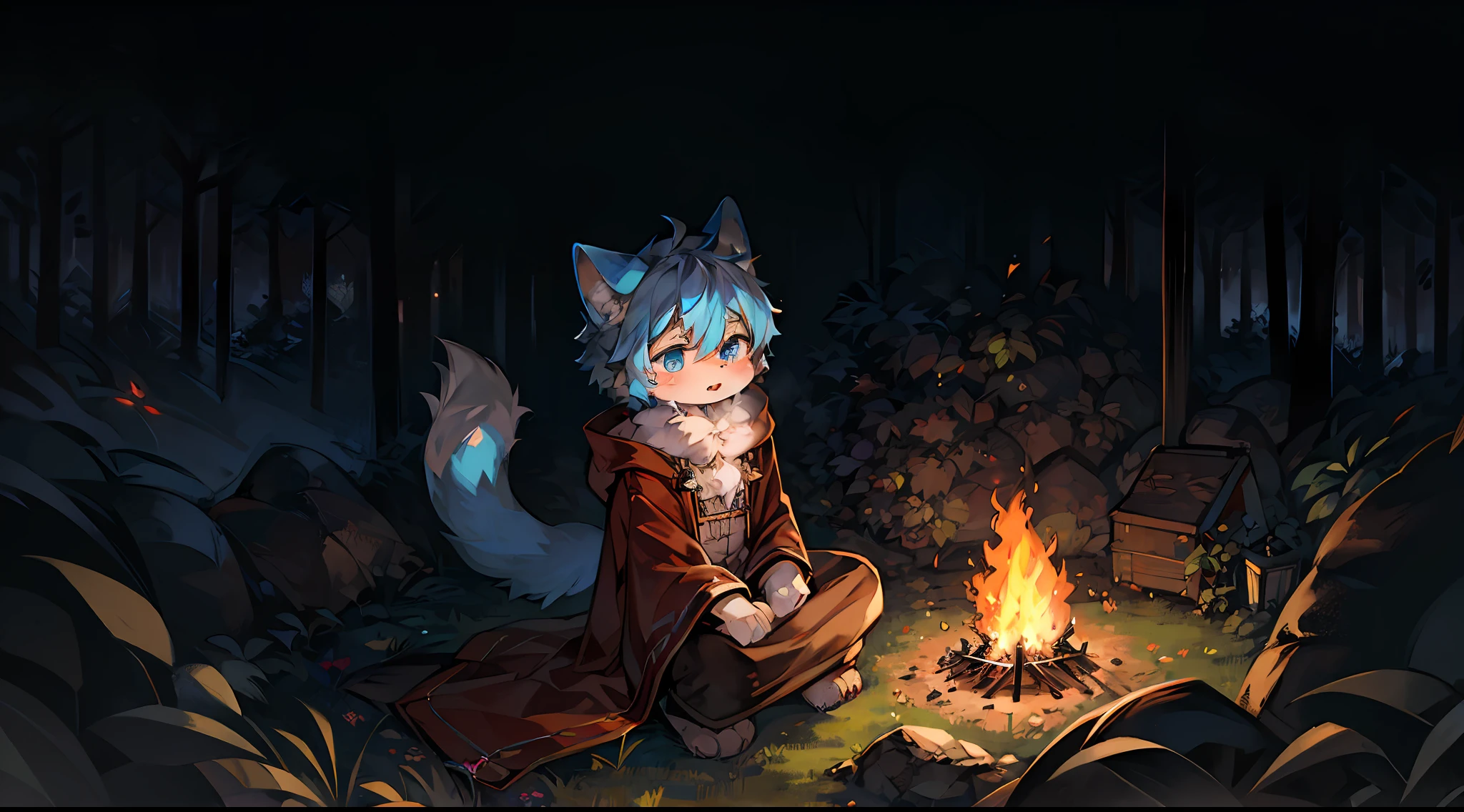 (ambiente dark:0.8),Masterpiece,High quality,abstract res,Digital painting\(artwork of a\), by Dagasi, Yupa,Kiyosan,(anthro,Fluffy fur,Character focus:1.1),anthro male cat,Short hair,Portrait , eyes with brightness,Sit in front of a campfire,BREAK BREAK BREAK,in a panoramic view, Character focus.(detailedbackground:0.7), 独奏, shaggy, shaggy male, malefocus, anthr,(Full Body Furry, Fluffy tail, light blue furs, Dark blue eyes, blue hairs,wounded:1.2), (long canines、cloaks:1.2),(outside、ln the forest、the night、bonfires:1.1)