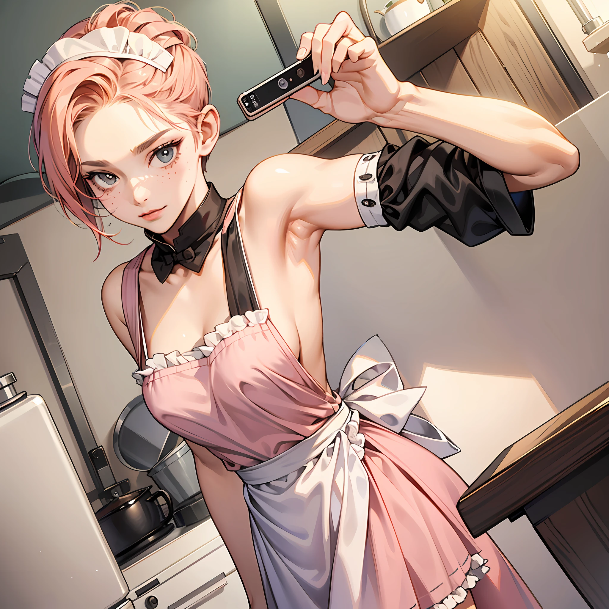 Close-up portrait of a playful maid, undercut hair, Natural, aprons, amazing body, pronounced feminine features, Kitchen, [Ash Blonde | Ginger | Pink hair], freckle, Flirting with camera --auto