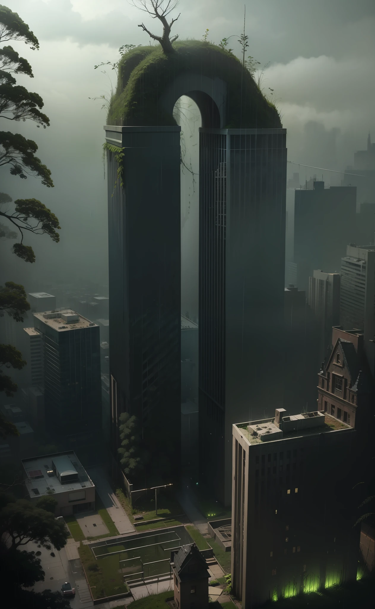 Horror roots around building Grass with rain