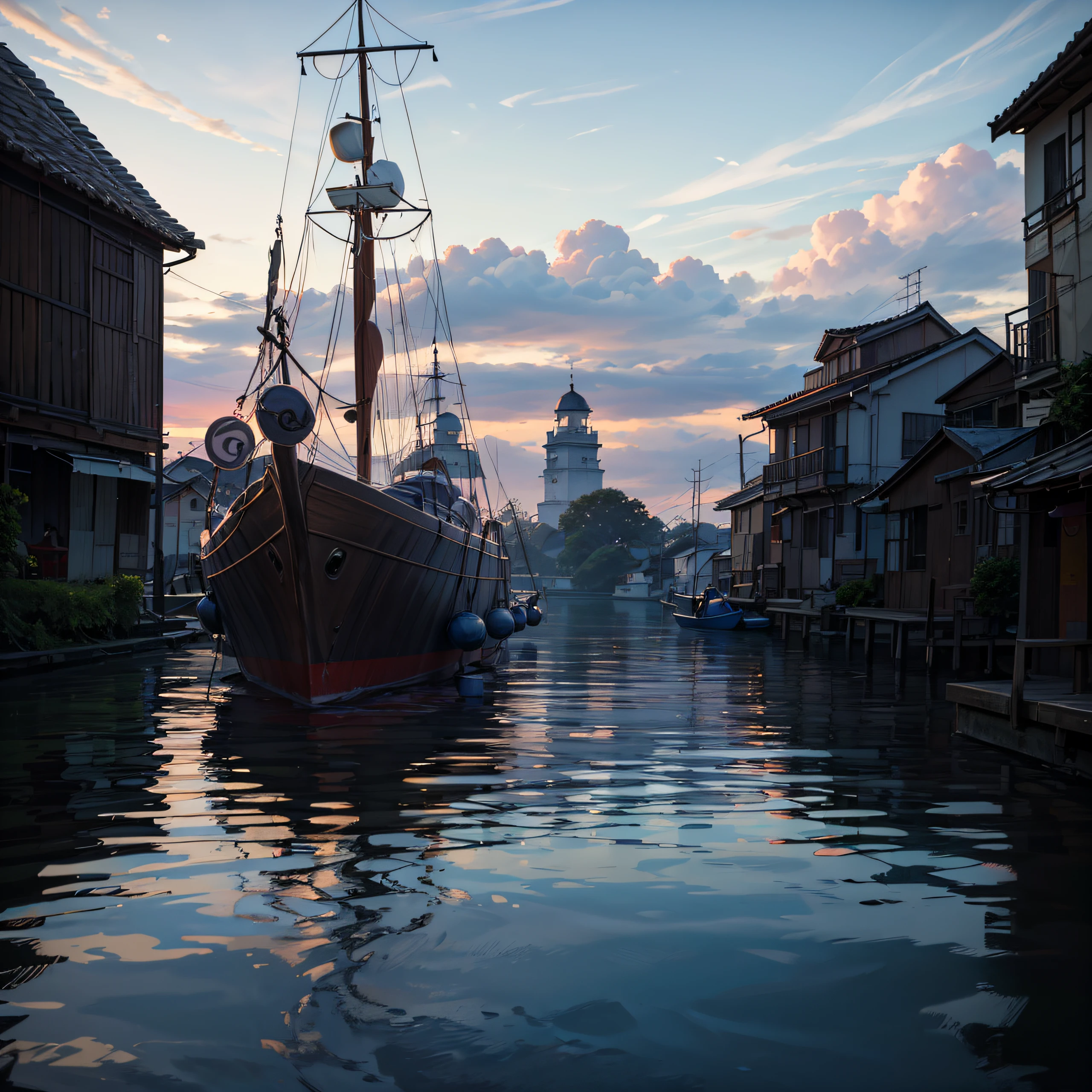 boat is moored in the water near a small house, sem humanos, Directed by: Raimundo Han, in the early afternoon 15;hs pm , tranquilidade, cinemactic. por leng jun, atmosfera serena tarde, Jantar tranquilo, peaceful atmosphere, cena de sonho,sem humanos, atmosfera sonhadora e drama, Humor da tarde , jantar sereno, peaceful scene, Directed by: Ruan Jia, atmosfera tranquila e serena, bela foto, tarde calma --auto