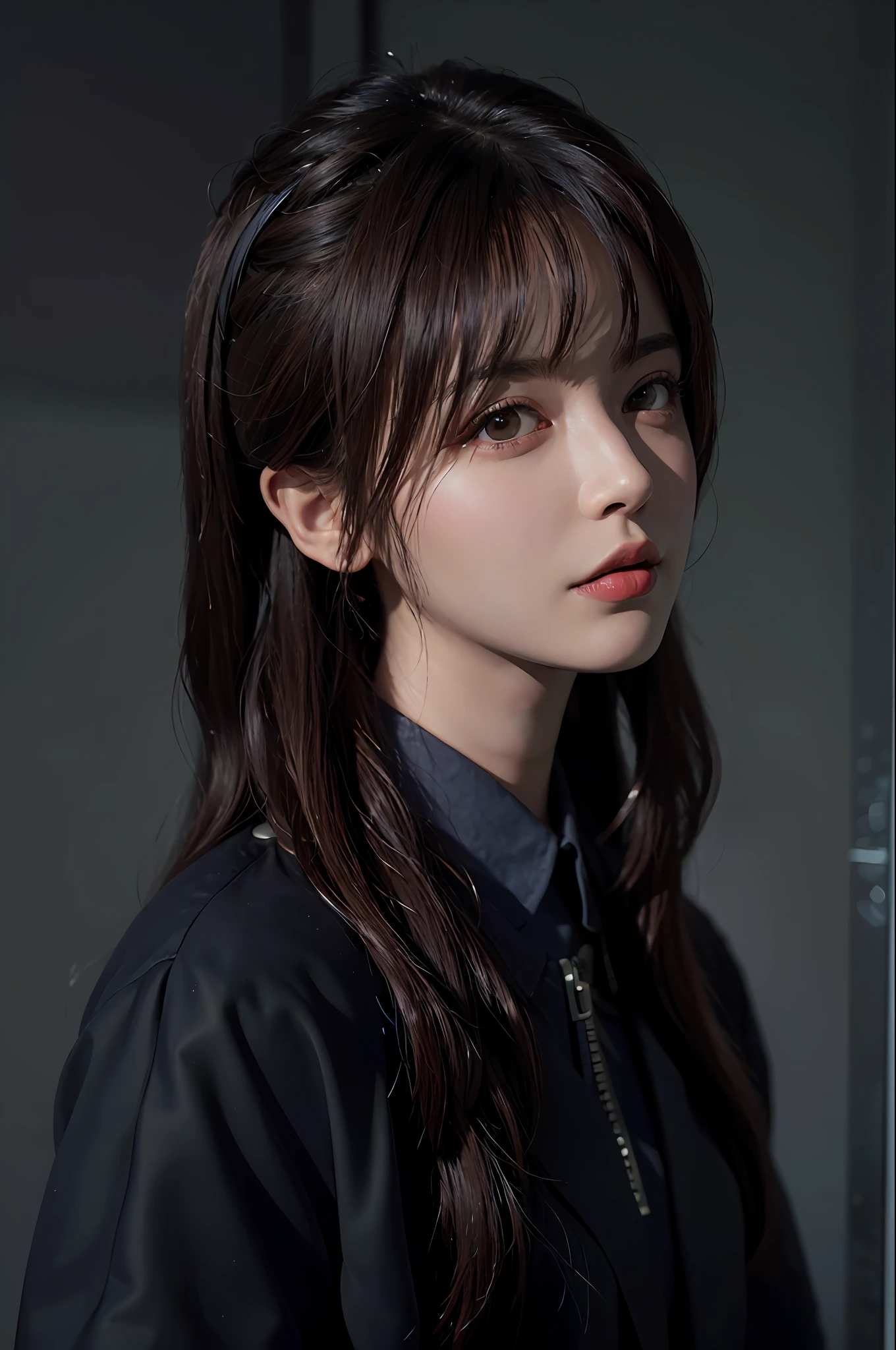 Hyperrealist portrait of female by david hockney and alphonse mucha,fantasy art, photo realistic, dynamic lighting, artstation, poster, volumetric lighting, very detailed faces, 4 k, award winning,, 1girl, in the dark, deep shadow, low key,long hair, green eyes, red hair, wear jacket,
