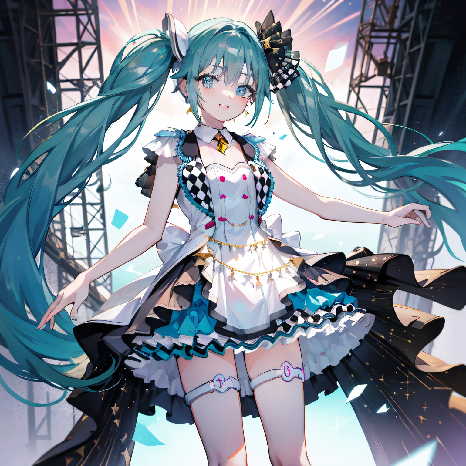 {{{momomiku}}}, [[[cowboy shot]]], from_below, stage, standing, beautiful detailed fullbody, Authentic and detailed face, smile, complex details beautiful and delicate eyes, parted_lips, highres, extremely masterpiece, absurdres,