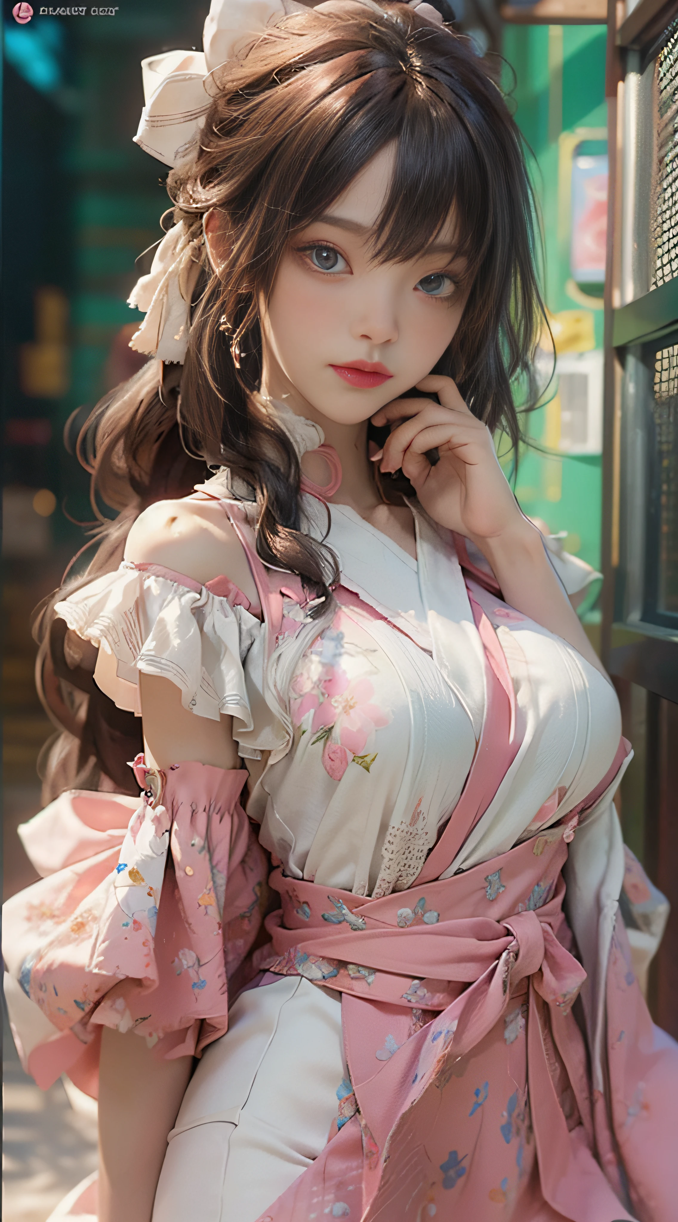 （（best qualtiy））， （（tmasterpiece））， （Detail：1.4）， 3D， Beautiful cyberpunk female images，hdr（HighDynamicRange），Ray traching，NVIDIA RTX，Hyper-Resolution，illusory 5，sub surface scattering，PBR textures，post-proces，Anisotropy Filtering，depth of fields，maximum definition and sharpness，Many-Layer Textures，Albedo e mapas Speculares，Surface Coloring，Mitsu-Accurate simulation of material interactions，perfectly proportioned，rendering by octane，Two-colored light，largeaperture，Low ISO，White balance，Rule three points、8K raw data、beautiful bright pupils，off-the-shoulder clothes，Fine pupils，Delicate face and eyes，long eyelasher，Blushlush，Delicate and fluffy hair，pink lip，Pure，cute big breasts，Sweet girl，Artistic sense，Casual wear，Advancedsense，butterflys，Cherry blossom petal，Beautiful hair accessories，Long hair and waist，Hair fluttering in the wind