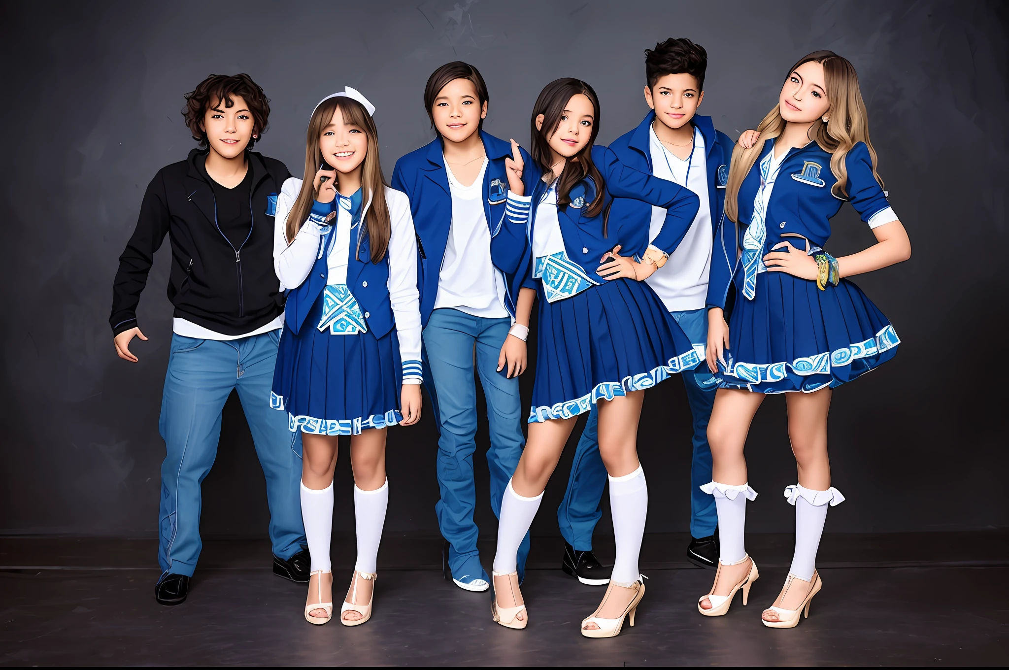 Group of children between 12-14 with orphanage uniforms posing for photo, Hanna Montana, promocional ainda, muito definido, promo ainda, imagem promocional de novela, middle school, imagens promocionais, imagem promocional, cast, k high definition, alta resolução, imagem promocional, Libertas, arte promocional, magic school uniform, Uniforme JK, CR3, roupas roxas