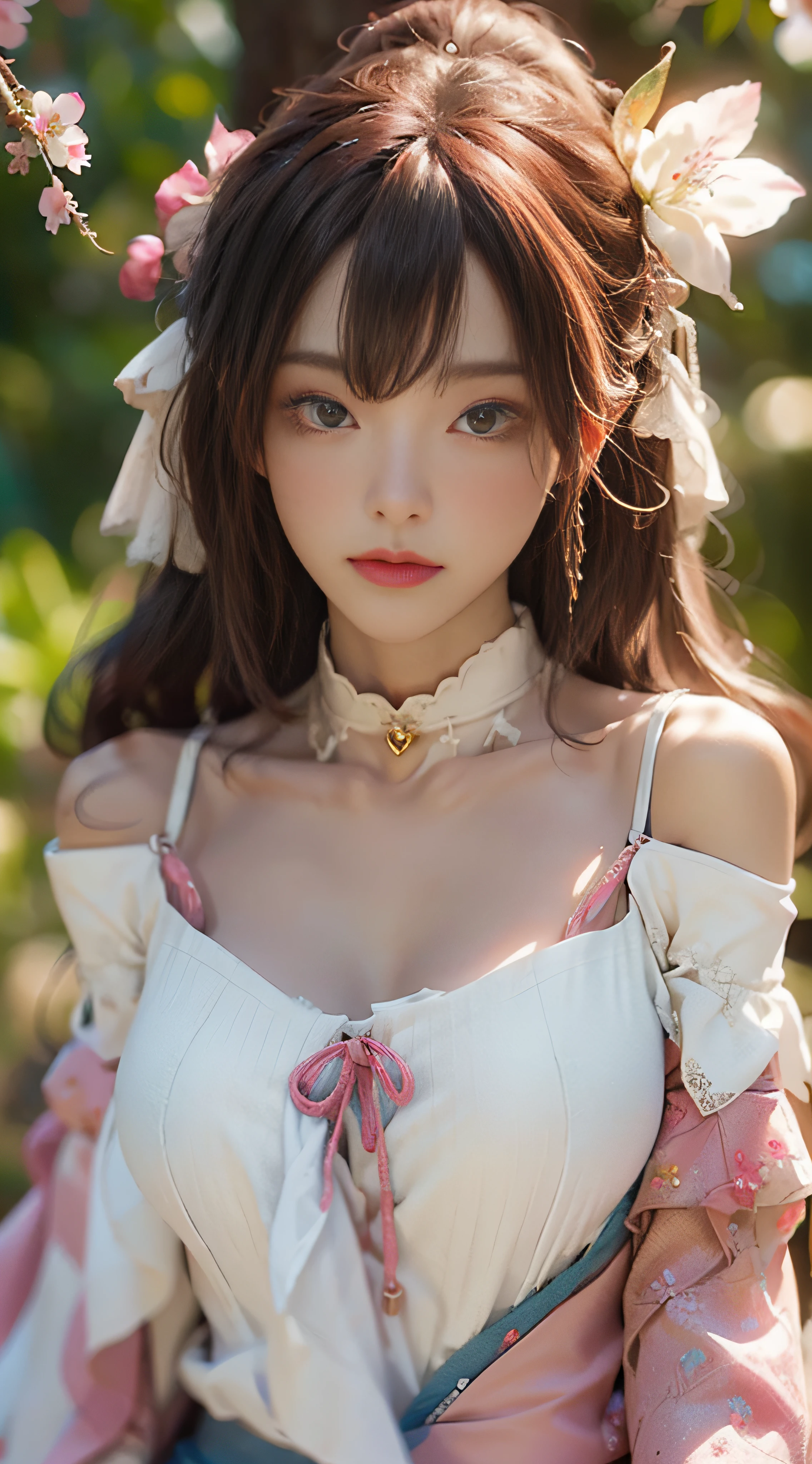 ((best qualtiy)), ((tmasterpiece)), (Detail:1.4), 3D, Beautiful female images,hdr(HighDynamicRange),Ray traching,NVIDIA RTX,Hyper-Resolution,illusory 5,sub surface scattering,PBR textures,post-proces,Anisotropy Filtering,depth of fields,maximum definition and sharpness,Many-Layer Textures,Albedo e mapas Speculares,Surface Coloring,Mitsu-Accurate simulation of material interactions,perfectly proportioned,rendering by octane,Two-colored light,largeaperture,Low ISO,White balance,Rule three points、8K raw data、beautiful bright pupils,off-the-shoulder clothes,Fine pupils,Delicate face and eyes,long eyelasher,Blushlush,Delicate and fluffy hair,pink lip,Pure,cute big breasts,Sweet girl,Artistic sense,Casual wear,Advancedsense,butterflys,Cherry blossom petal,Beautiful hair accessories,Long hair and waist,Hair fluttering in the wind,perfectly proportions