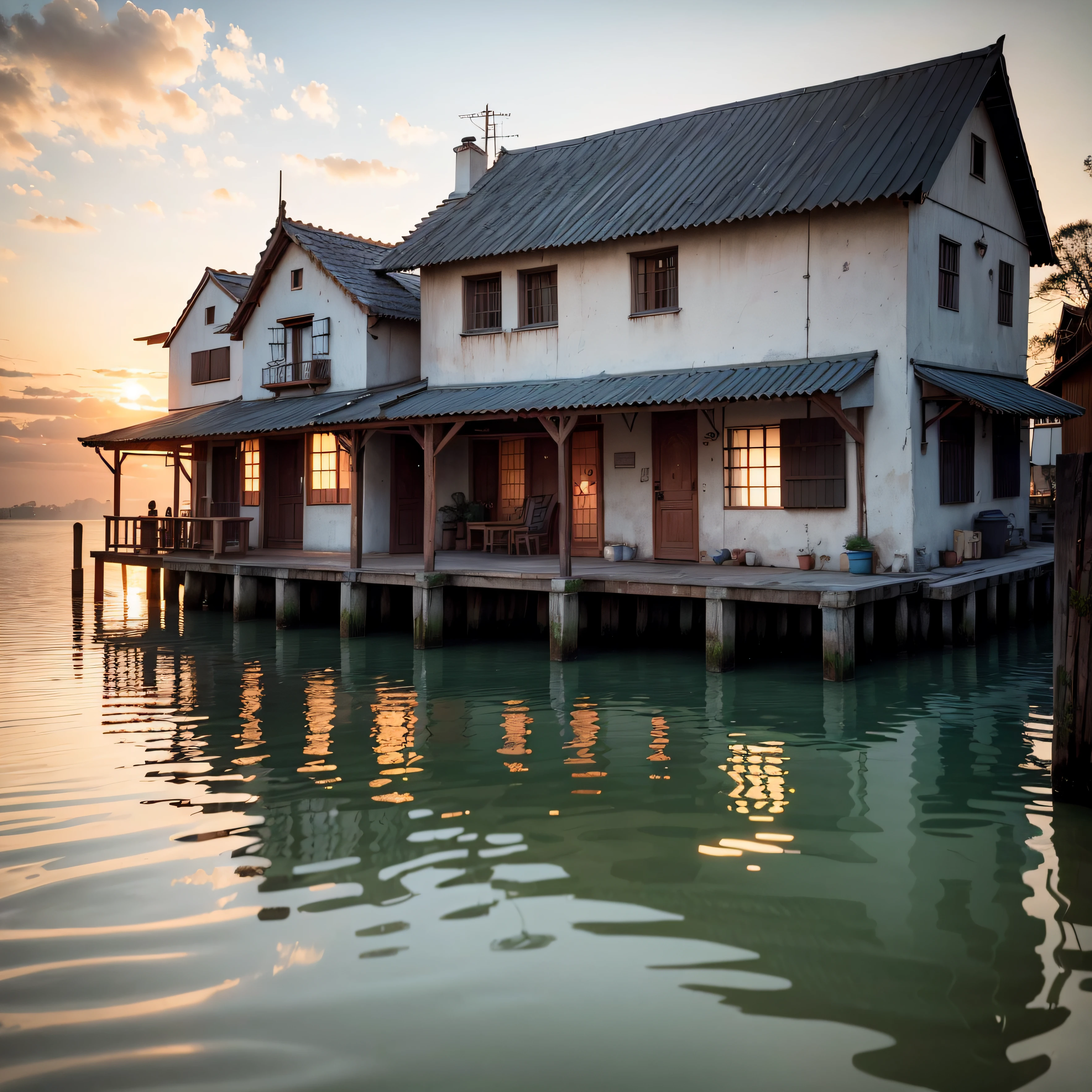 boat is moored in the water near a small house, Directed by: Raimundo Han, in the early afternoon 15;hs pm , tranquilidade, cinemactic. por leng jun, atmosfera serena tarde, Jantar tranquilo, peaceful atmosphere, cena de sonho, atmosfera sonhadora e drama, Humor da tarde , jantar sereno, peaceful scene, Directed by: Ruan Jia, atmosfera tranquila e serena, bela foto, tarde calma --auto