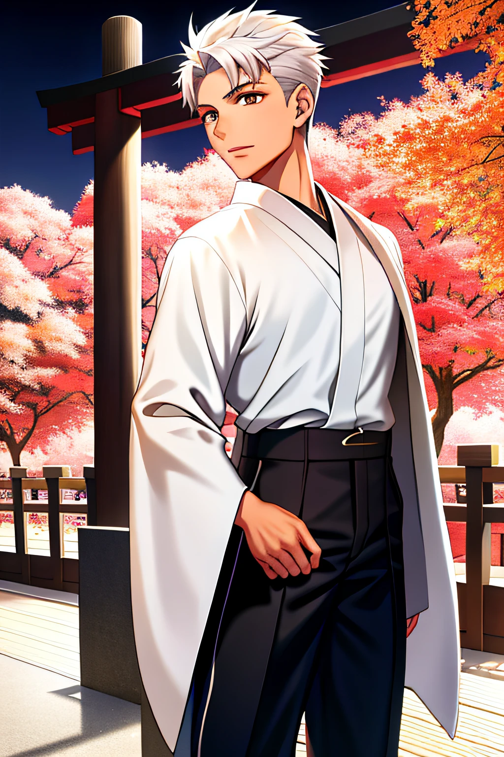 (Obra maestra: 1.4), (La mejor calidad: 1.4), 1 child, solo, (Emiya Shirō \(destino\):1.2), sonrisa amable, Mirada condescendiente, cabello naranja, ojos dorados, Masculino, Camisa, muscular, Aesthetic guy ((very good anatomy)) toned muscles, atletic, pantalones japoneses antiguos negros, Kimono blanco sobre sus hombros como una capa, (((Kimono blanco))) Japanese period clothing, sostiene una katana en la mano derecha, Mirando al espectador, Parte superior del cuerpo, Ciudad, Paisaje urbano, Cielo, Noche