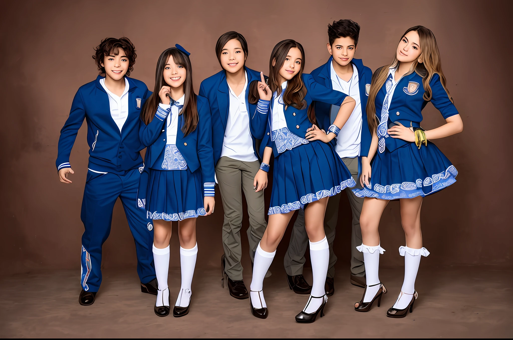 Group of children between 12-14 with orphanage uniforms posing for photo, Hanna Montana, promocional ainda, muito definido, promo ainda, imagem promocional de novela, middle school, imagens promocionais, imagem promocional, cast, k high definition, alta resolução, imagem promocional, Libertas, arte promocional, magic school uniform, Uniforme JK, CR3, roupas roxas
