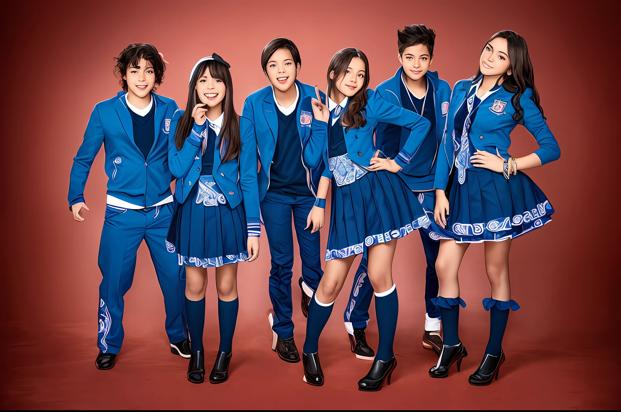 Group of  between 12-14 wi oranage uniforms posing for photo, Hanna Montana, promocional ainda, muito definido, promo ainda, imagem promocional de novela, middle school, imagomocionais, imagem promocional, cast, k high definition, alta resolução, imagem promocional, Libertas, arte promocional, magic school uniform, Uniforme JK, CR3, roupas roxas