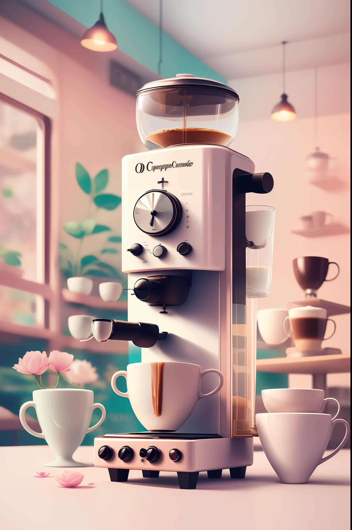 coffee shop,  cappuccino, latte, steampunk, coffee machine, flowers, morning, coffee table,highly detalied,  oktane render, studio,  coffee shop, coffee pot,cups figurines,teapots,macarons,   vibrant neon, perfect, peony rose