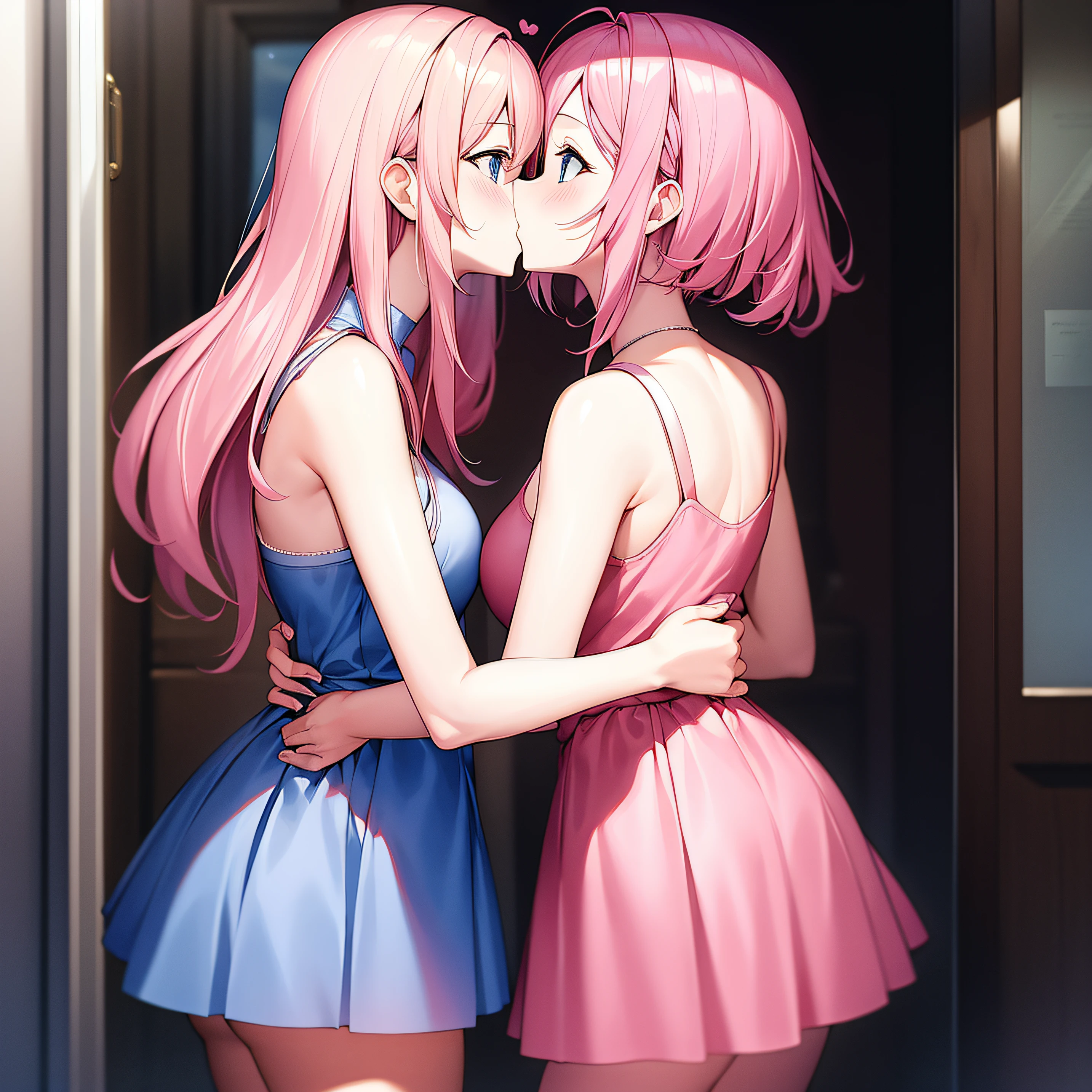 2girls,Pink hair,Kissing entangled from behind