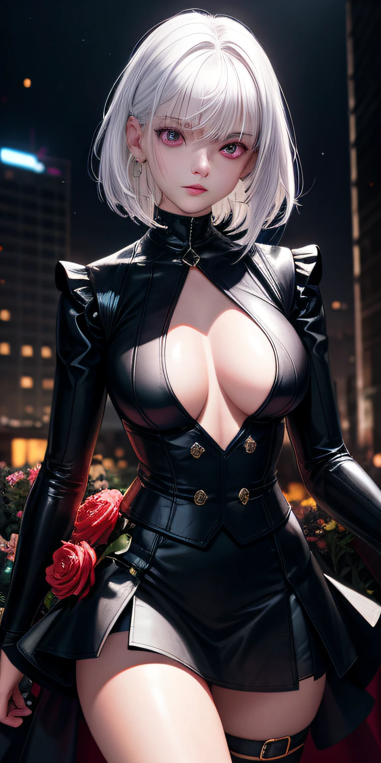 realisticlying，1girll，White hair，Bigchest，Purple eye，glowing light eyes，Cut the top，a skirt，parted lip，Be red in the face，the night，fresh flowers
